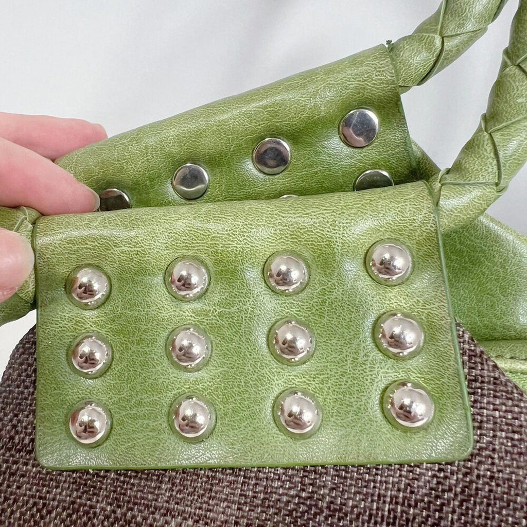 Matt & Natt Anthropologie Green Faux Leather Brown Studded Handbag Studded