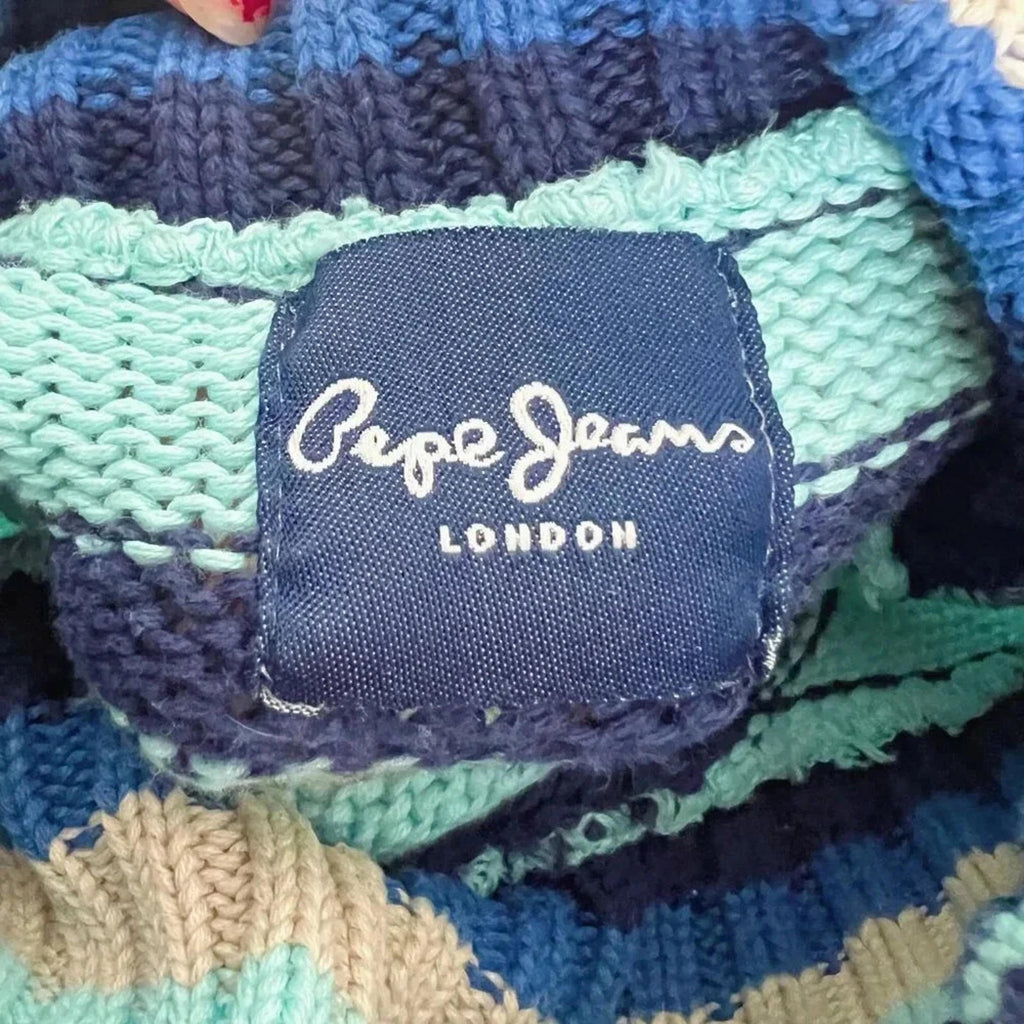 Vintage Pepe Jeans London Blue Striped Knit Turtleneck Sweater Women's Size S