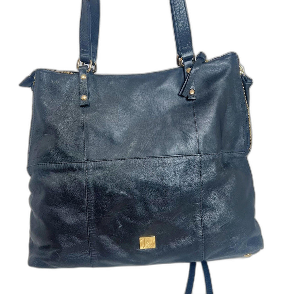 Kooba Everette Black Pebbled Leather Double Zipper Gold Handbag Shoulder Bag