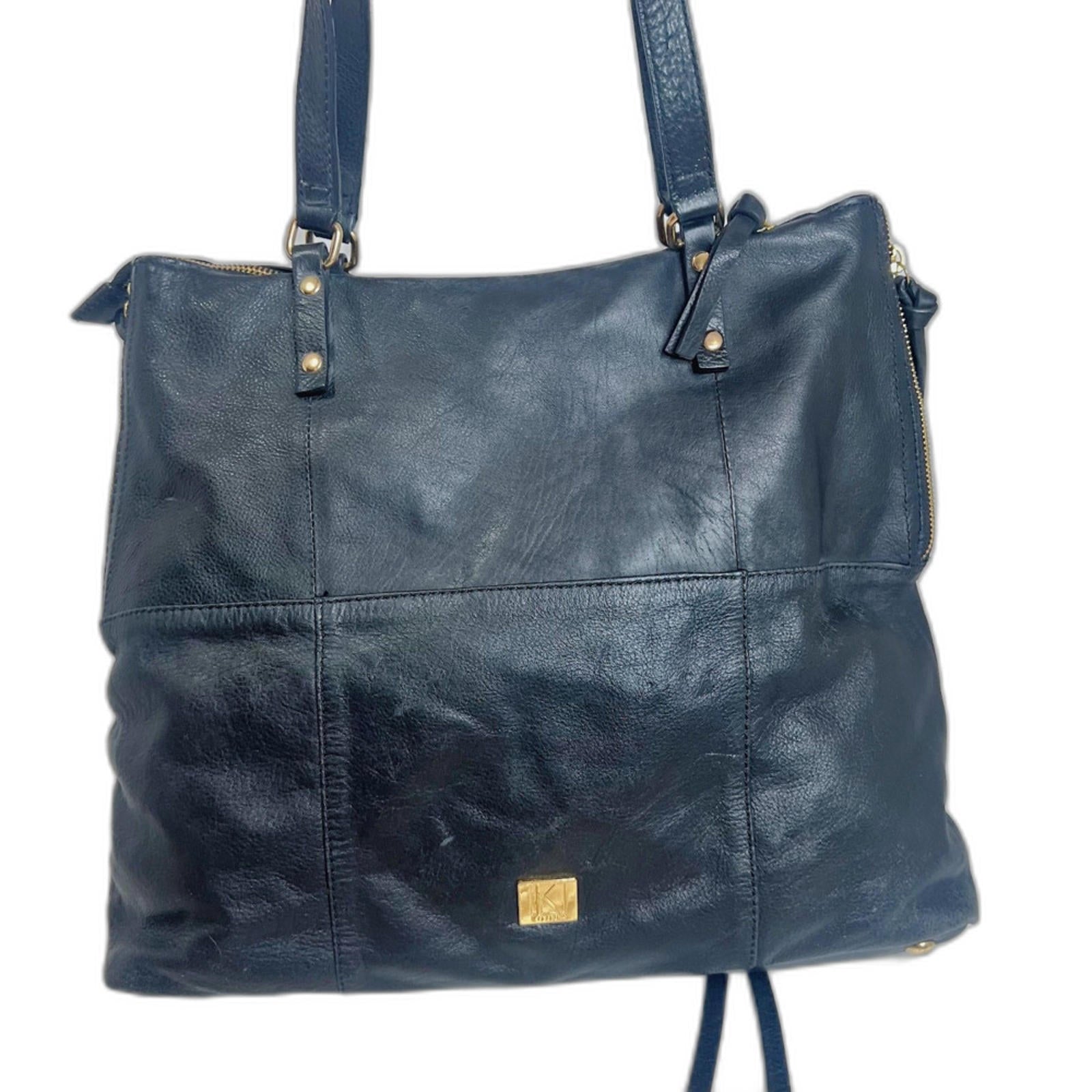Kooba Everette Black Pebbled Leather Double Zipper Gold Handbag Shoulder Bag