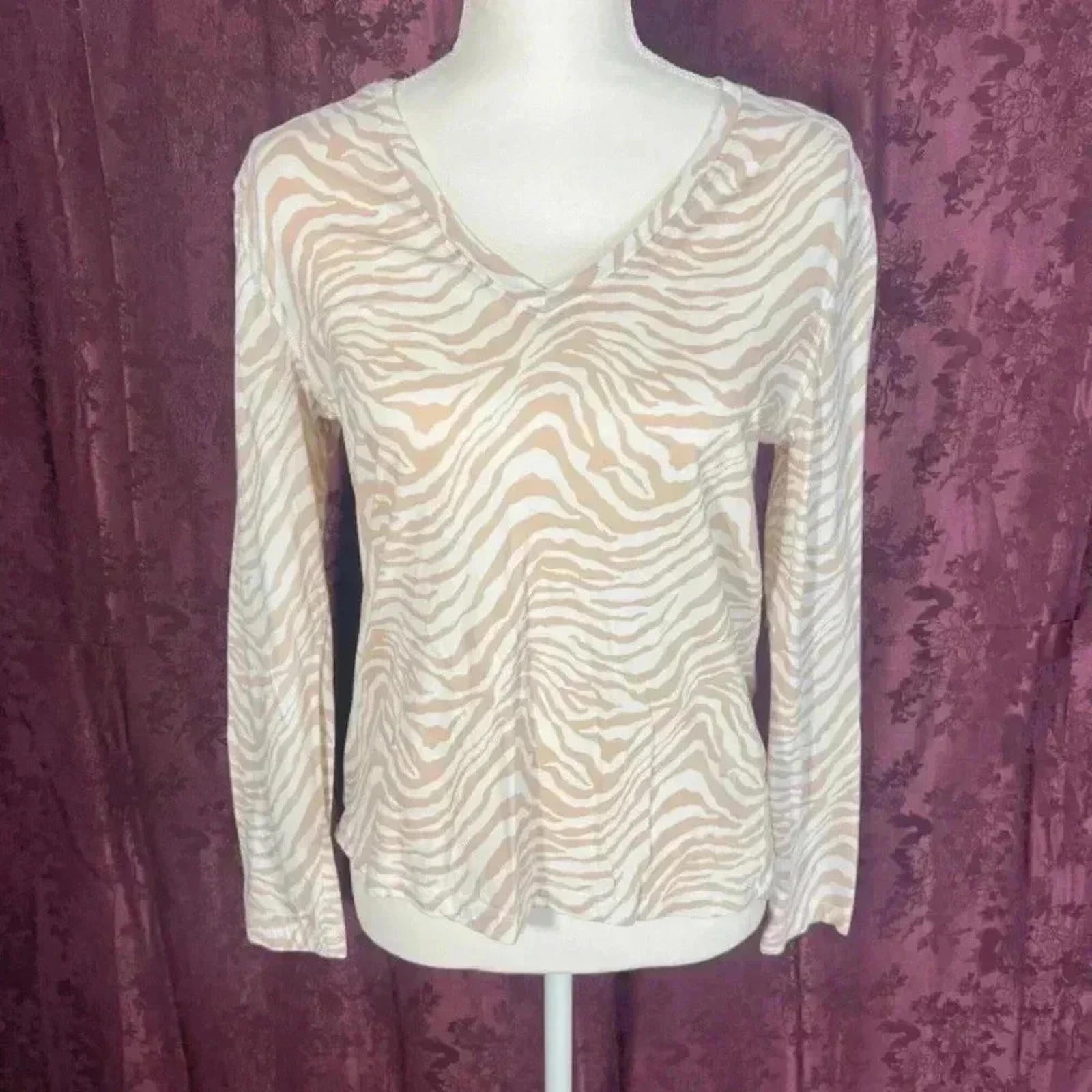Rails Beige Zebra Print Long Sleeve Shirt V Neck Women's Size S Animal Print