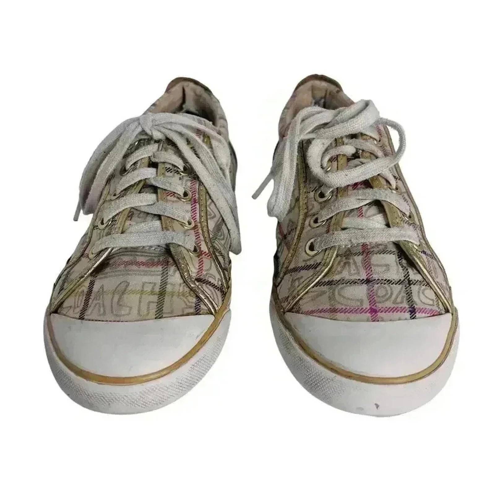 Coach Barrett Cream Multicolored Plaid Gold Leather Sneakers Canvas Size 9.5