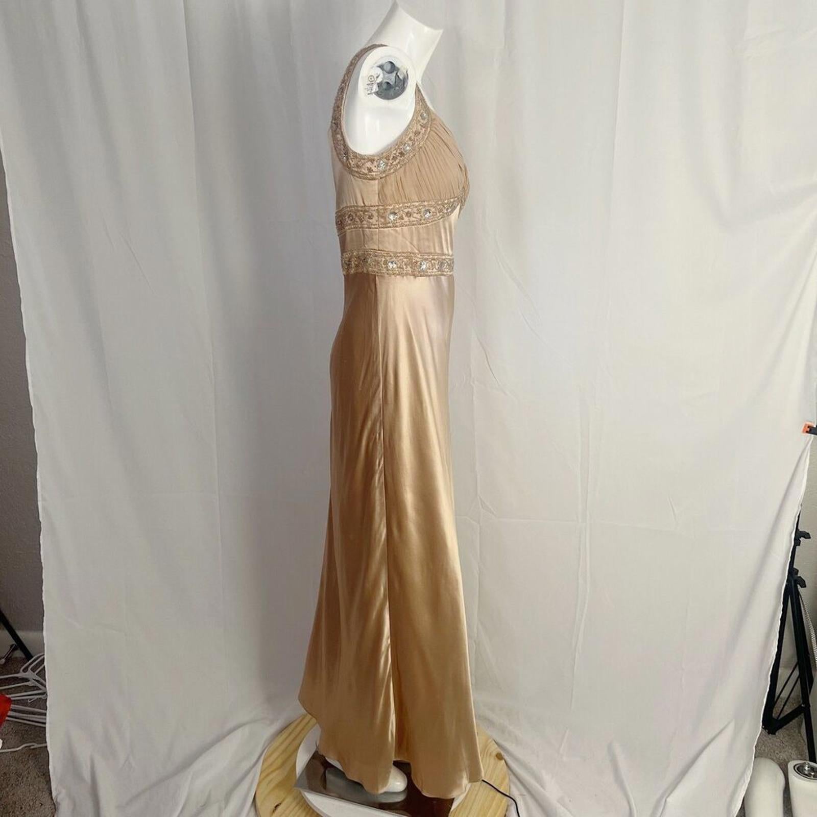 y2k Vintage Silk Dusk Collection Champagne Gold Hand Beaded Evening Gown Size 10