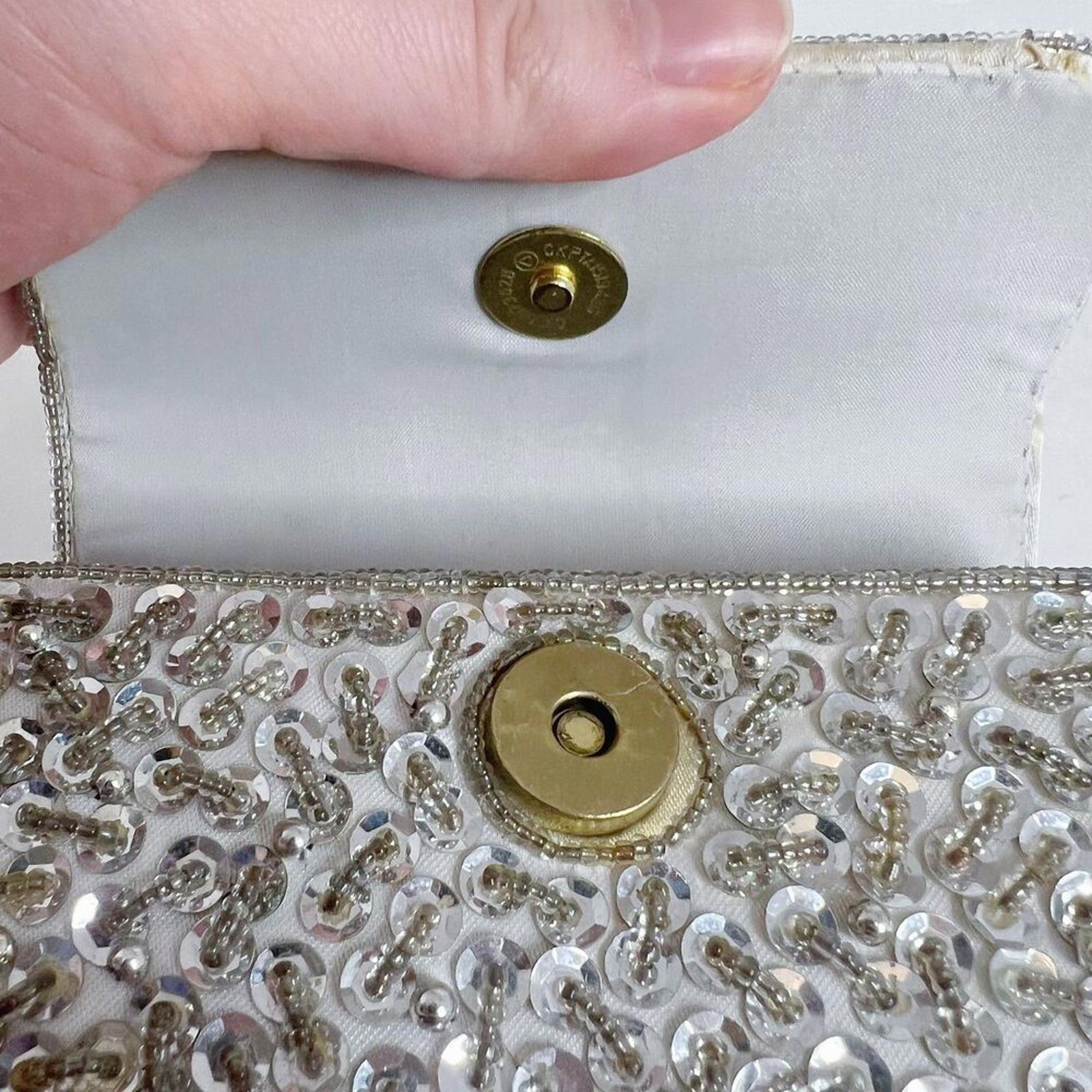 Vintage 90s Silver Sequined Beaded Embellished Evening Bag Party Purse