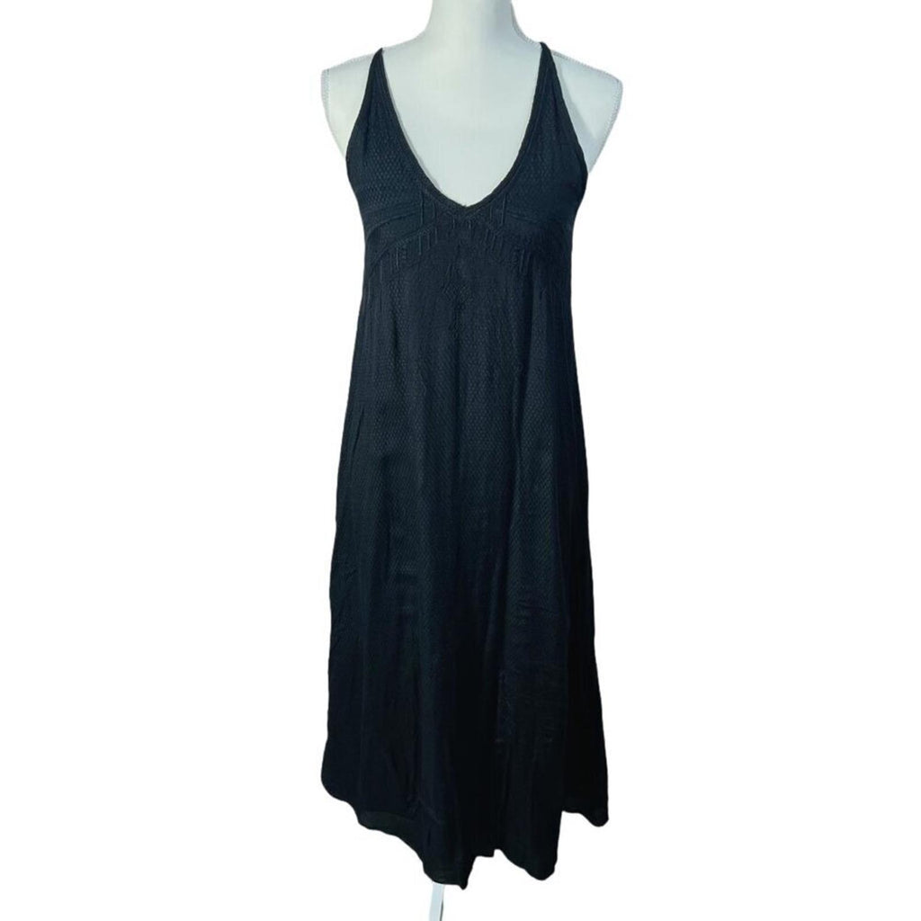 Vintage Black Embroidered V Neck Dress Women's Size 6