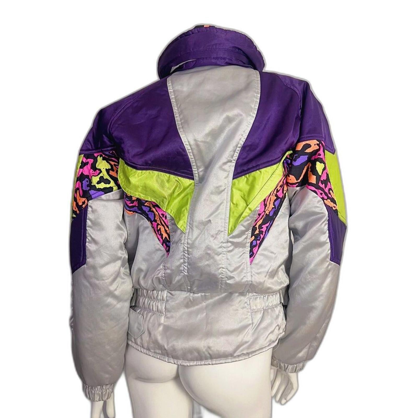 Vintage 90s Ski Jacket Silver Purple Colorful Winter Coat Women's Size S Rave