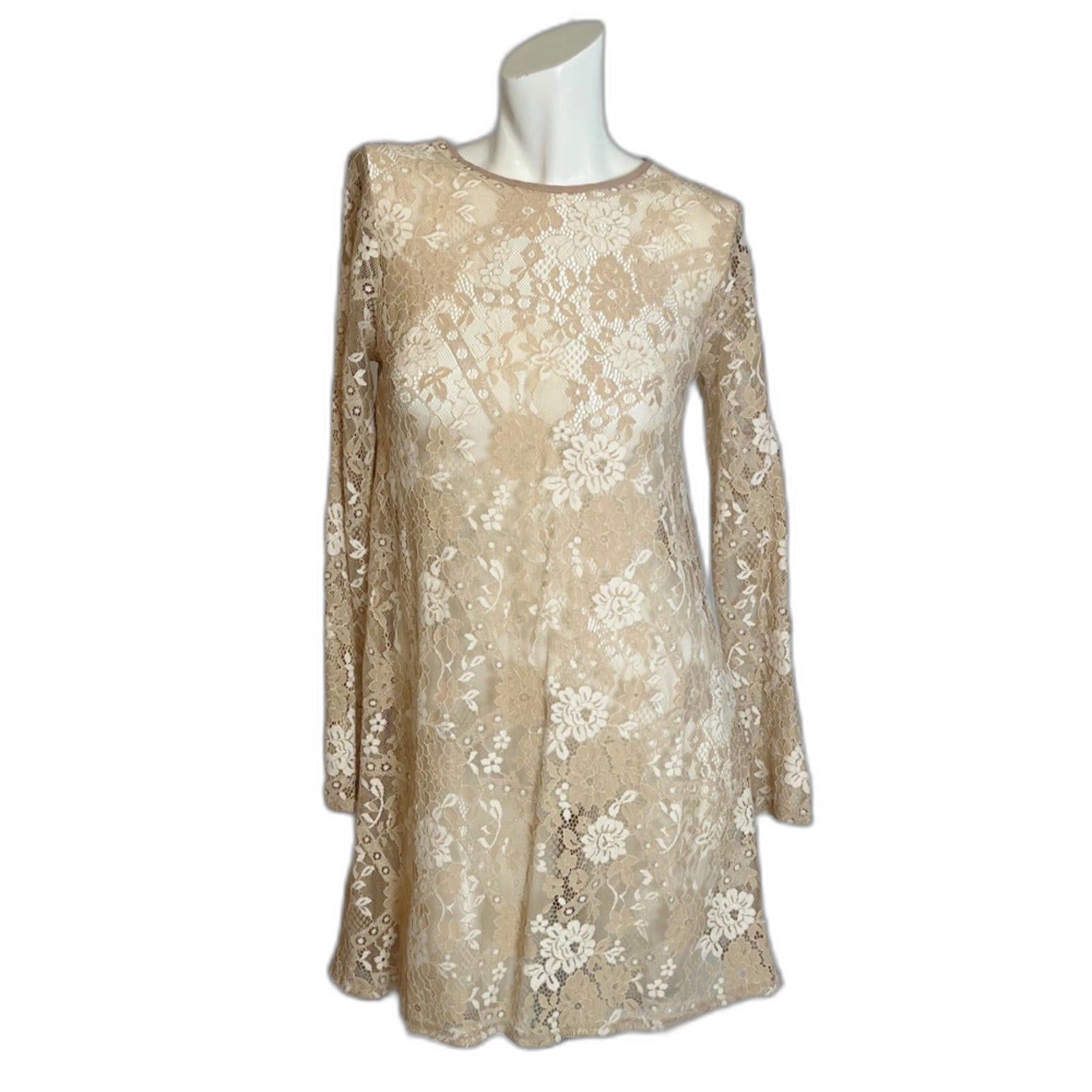 Altar'd State Tan Cream Lace Long Sleeve Dress Swimsuit Coverup Boho Size S
