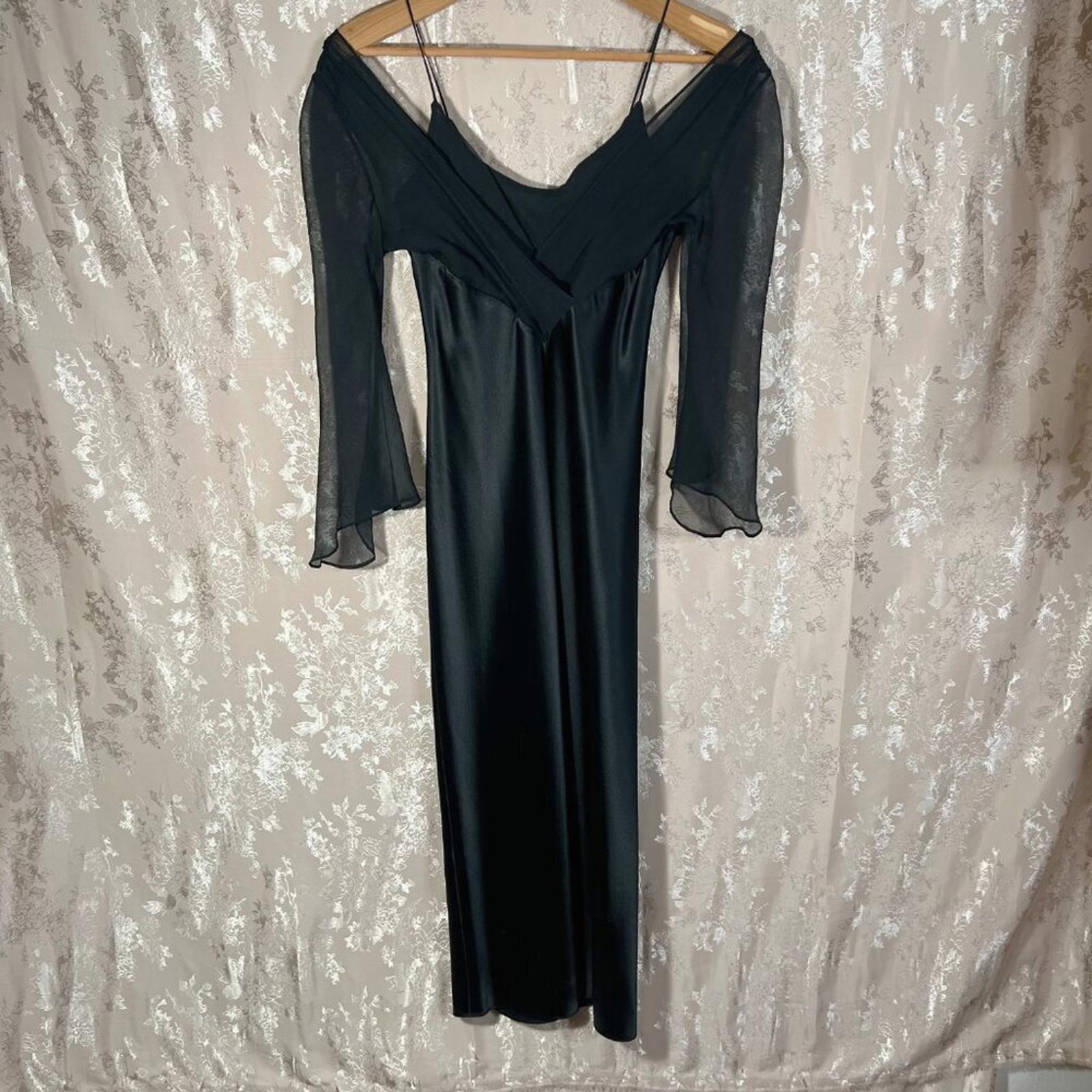 Vintage 90s Jones New York Black Satin Chiffon Sleeves Elegant Gown Dress Size 6
