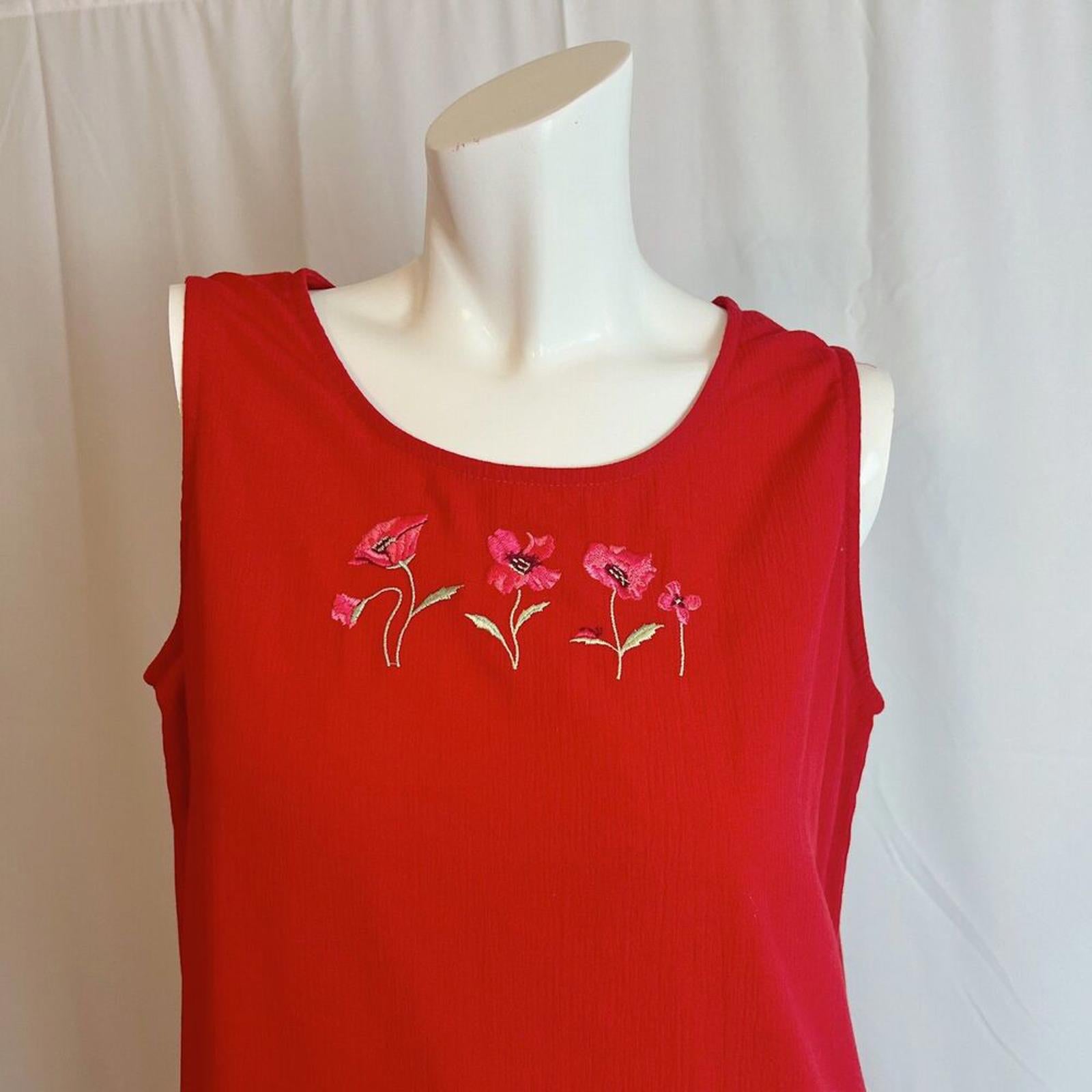 90s Vintage Teddi Red Column Maxi Dress Flower Embroidered Women's Size M
