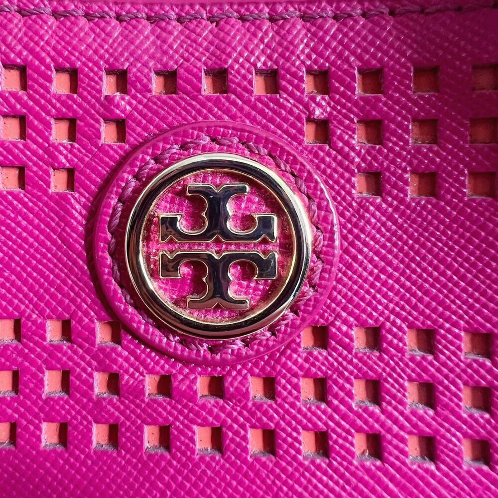 Tory Burch Robinson Fuchsia Double Zip Perforated Handbag Pink Leather Purse