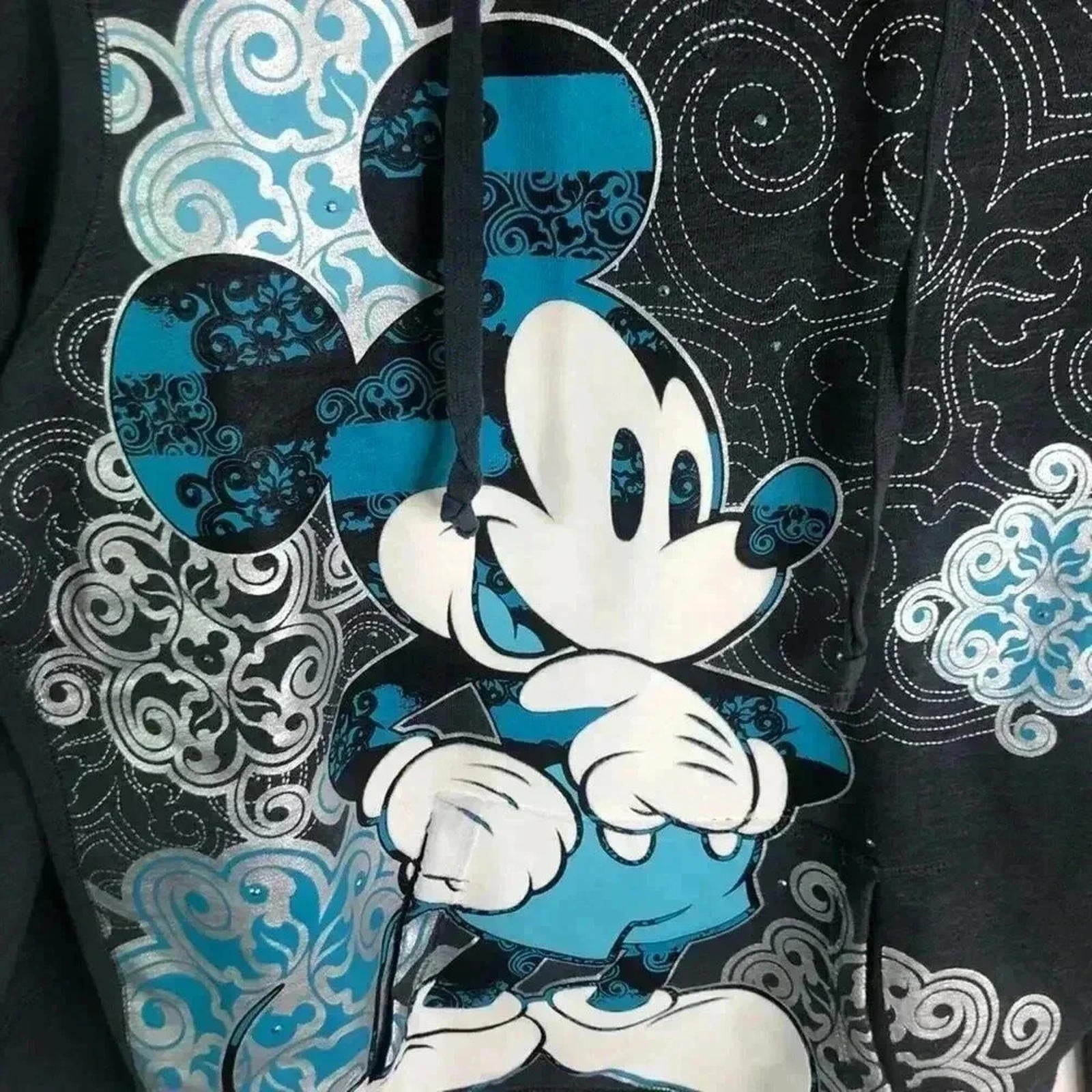 Disney Parks y2k Mickey Mouse Grey Rhinestone Hoodie Sweatshirt Women's Size L