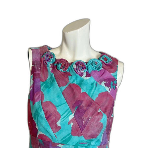Adrianna Papell Floral Cocktail Sheath Dress Teal Purple Pink Rosette Size 6