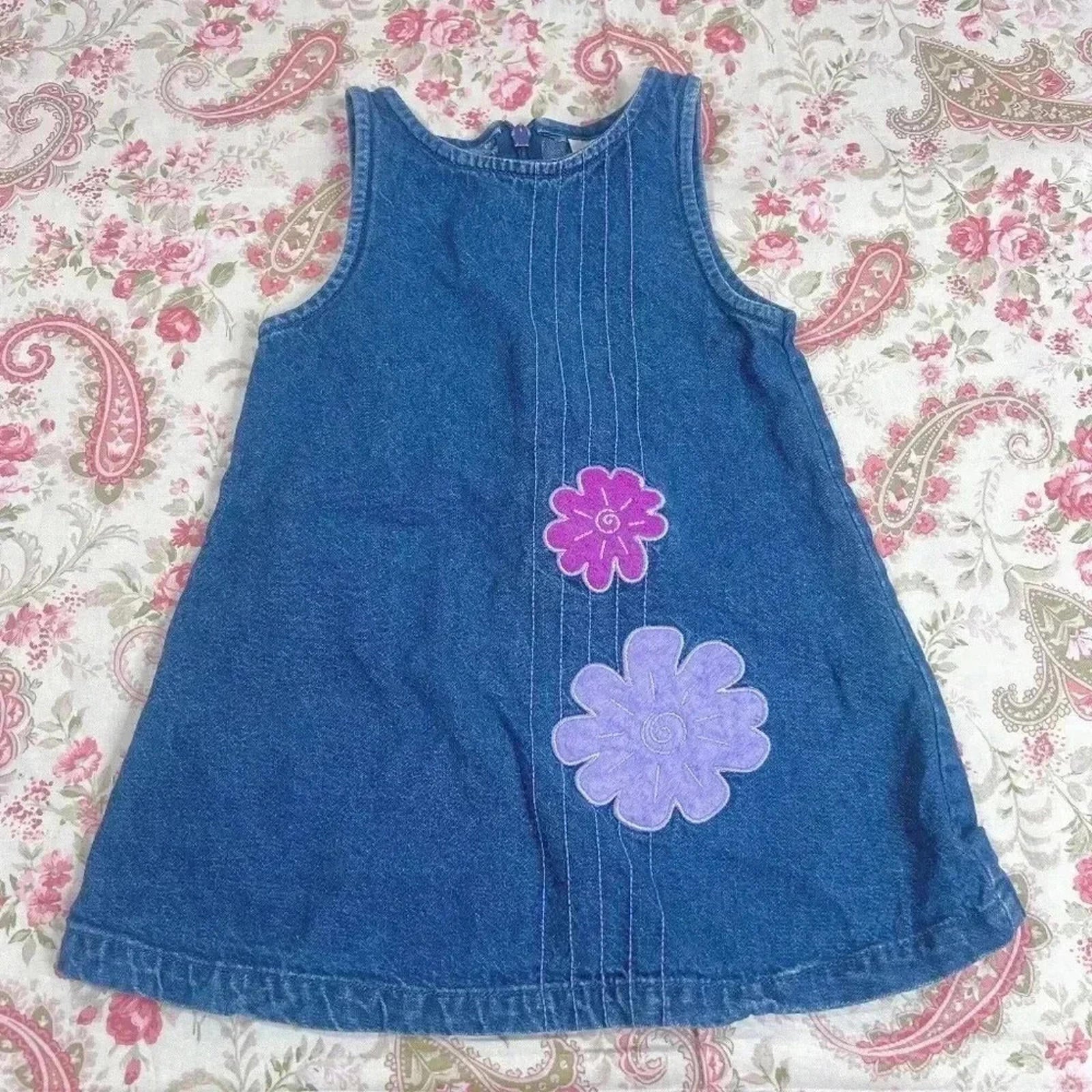 Vintage Maggie & Zoe Little Girl Baby Denim Dress Purple Flowers 18M