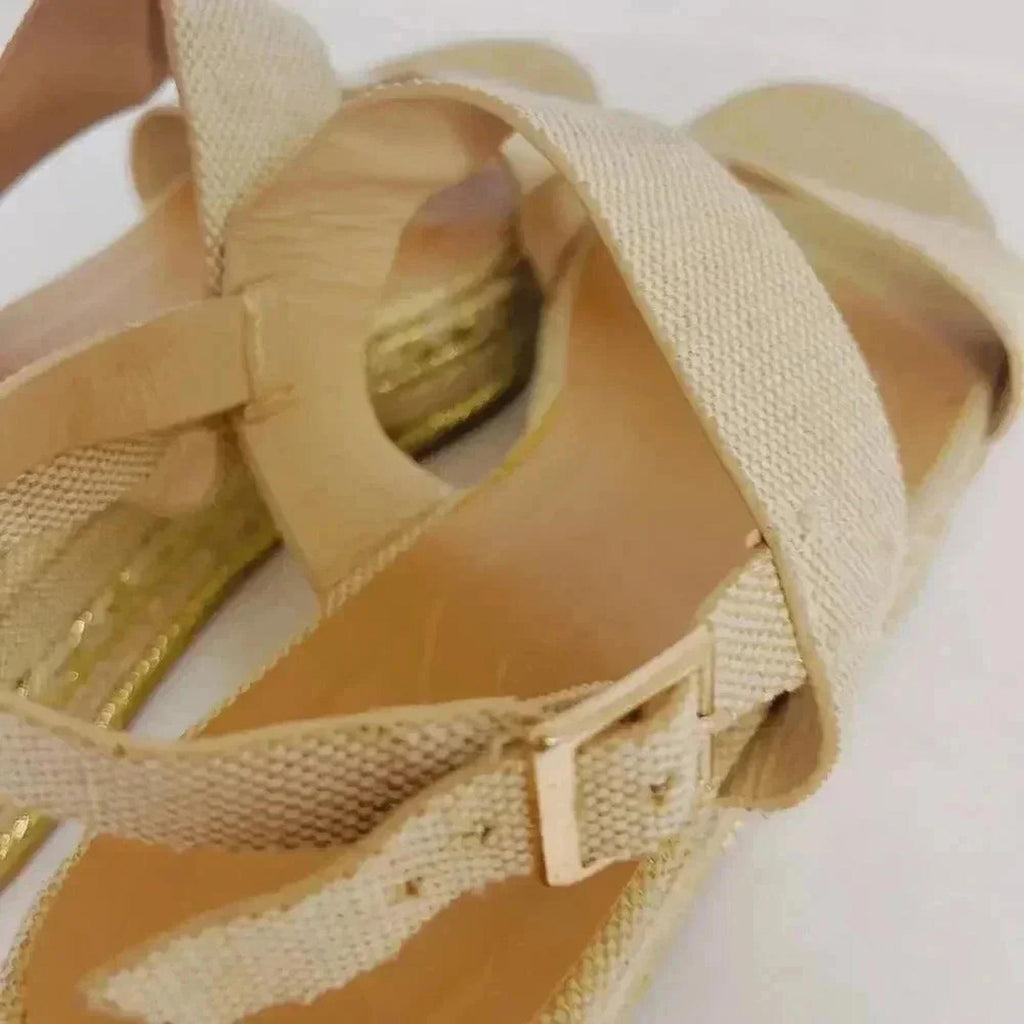 Bamboo Platform Espadrille Sandals Cream and Gold Canvas Woven Size 10