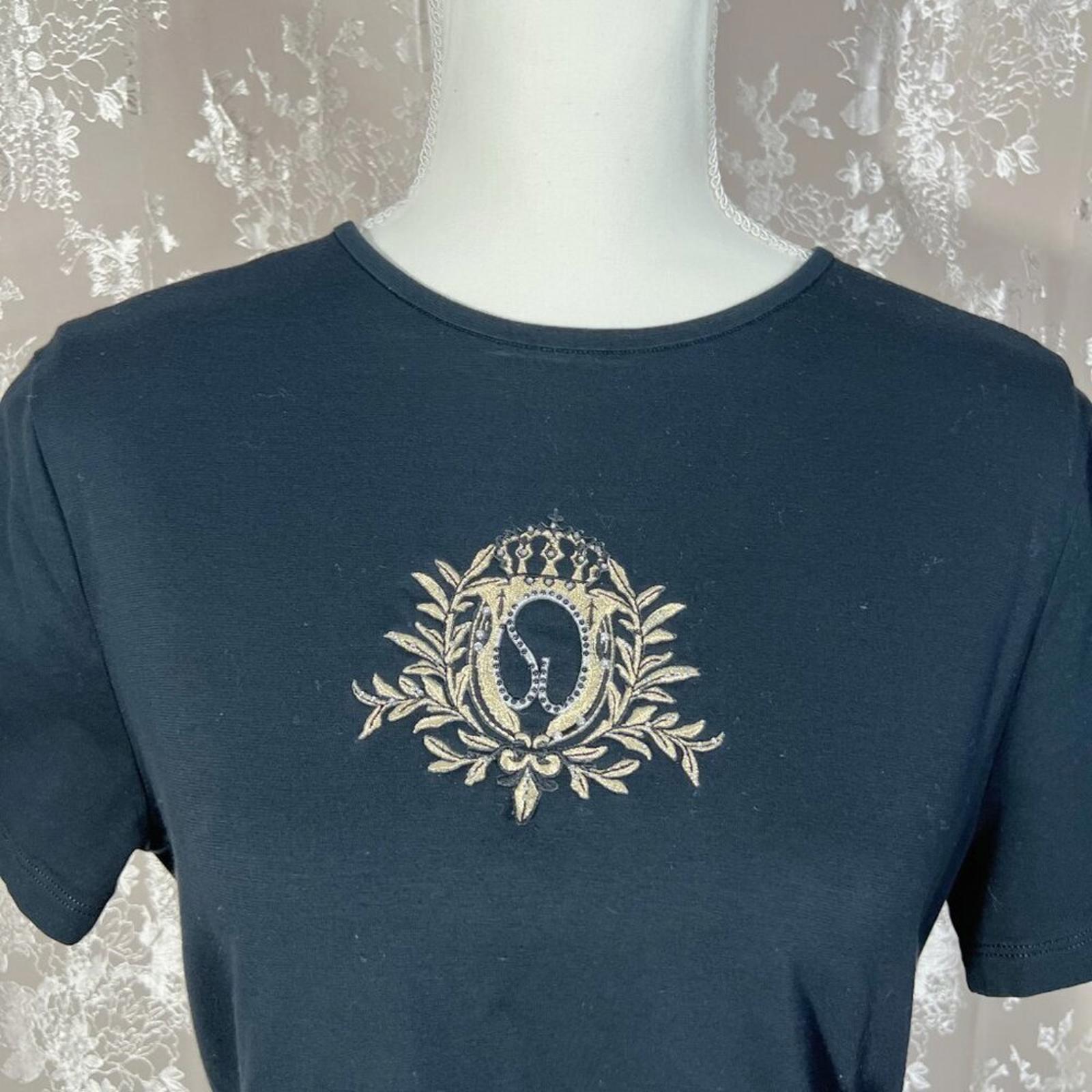 St. John y2k Vintage Black T Shirt Gold Embellished Front Rhinestones Size S