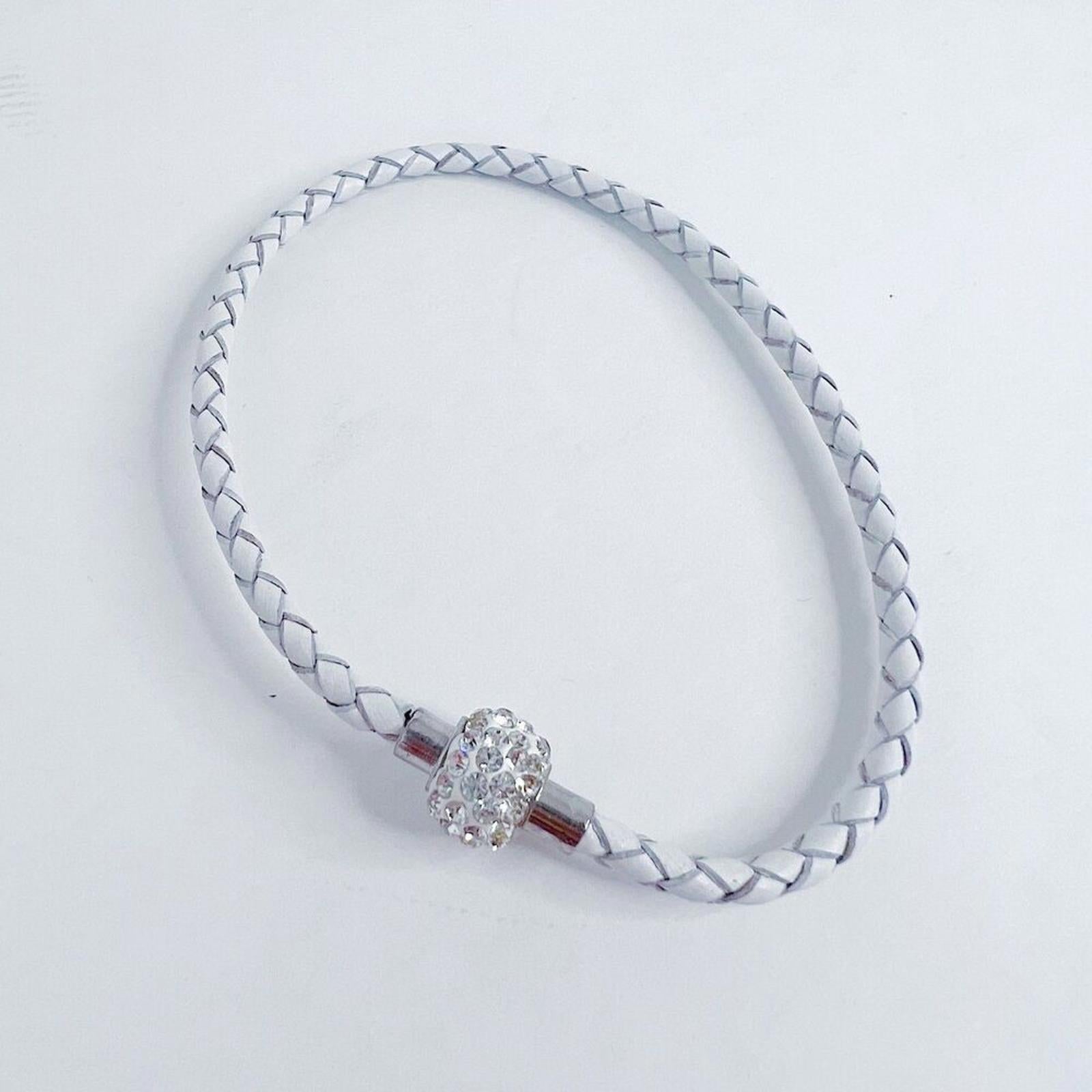 NWOT Leather Braided Bracelet Rhinestone Cluster Bead Clasp Bedazzled