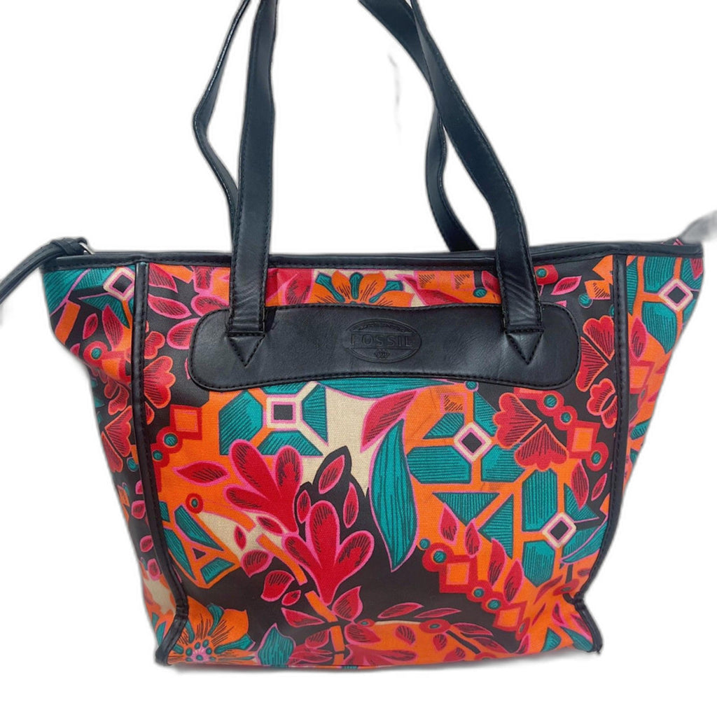 Fossil KeyPer Orange and Pink Flower Floral Tote Bag Black Leather Purse