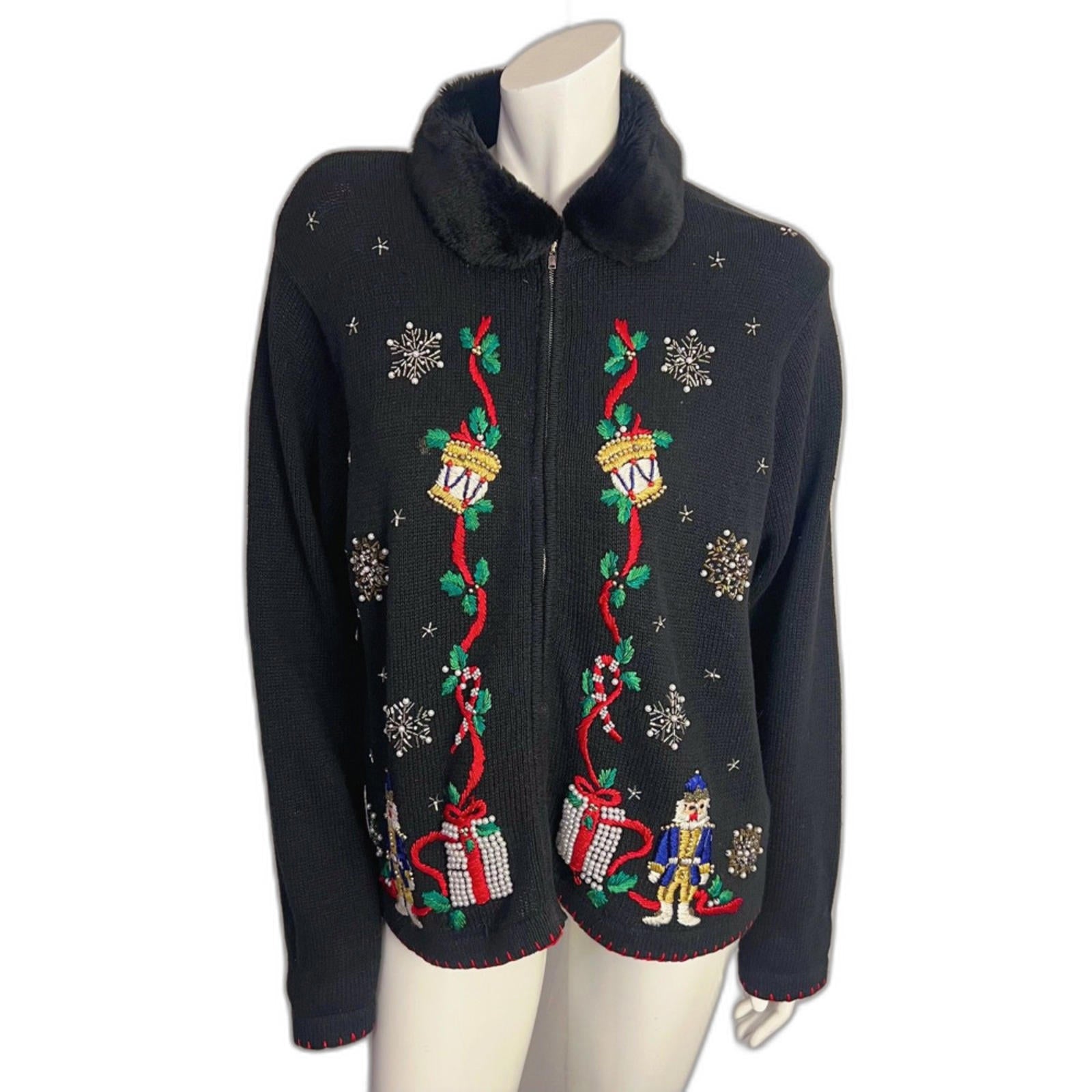 Vintage Christmas Sweater Beaded Embroidered Nutcracker Ugly Sweater Size XL