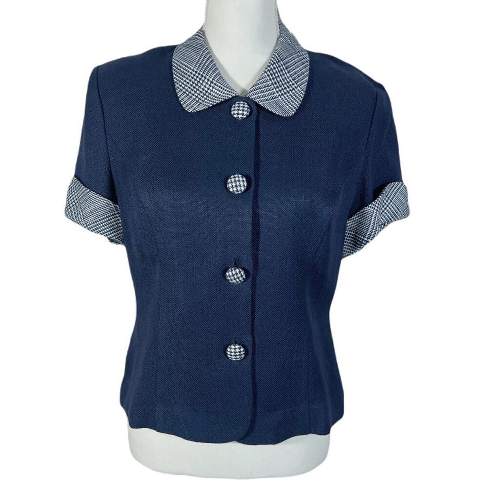 NWT Vintage Donna Ricco Navy Blue Button Up Short Sleeve Blouse Size 12P