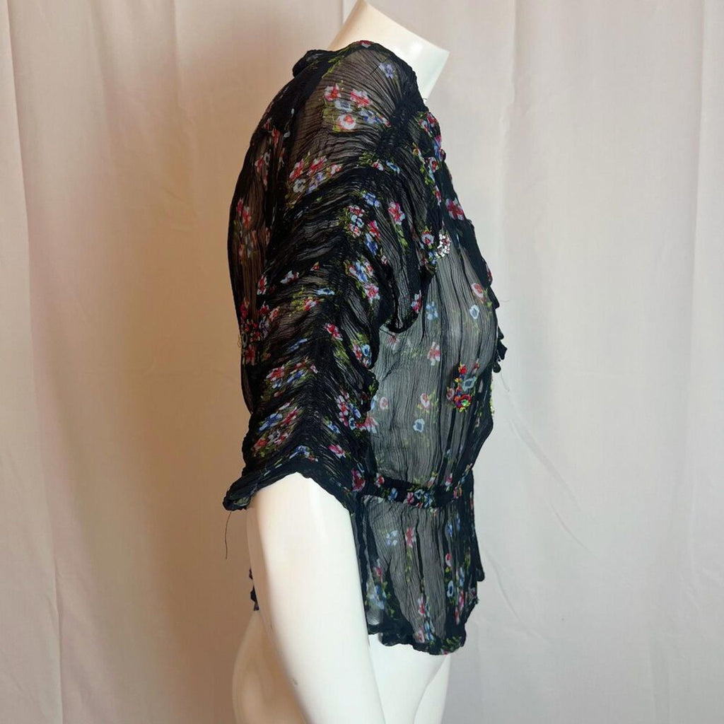 Free People Buttercup Black Floral Beaded Embroidered Keyhole Blouse Size S