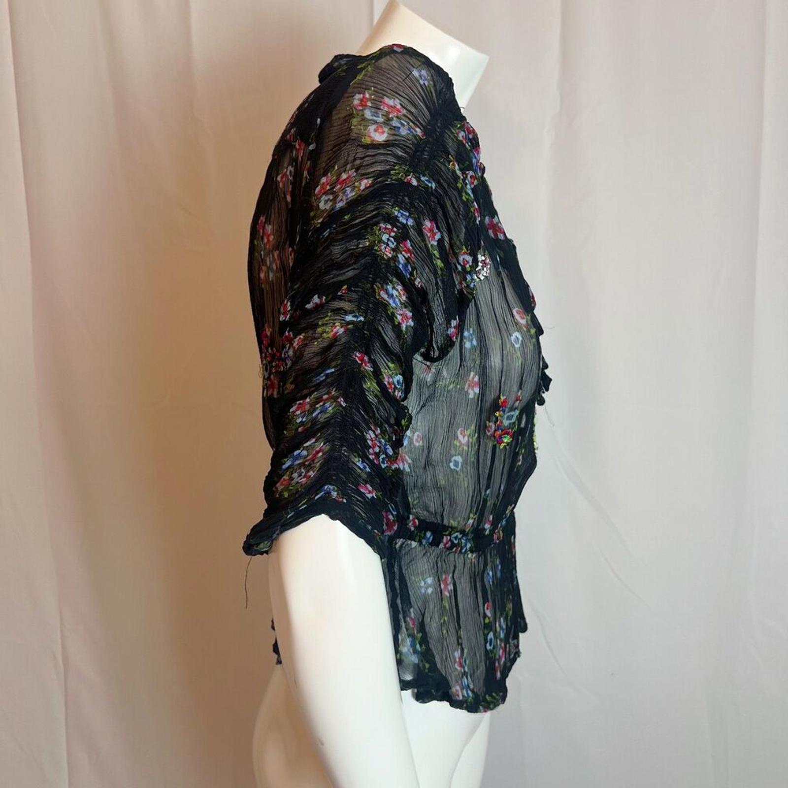 Free People Buttercup Black Floral Beaded Embroidered Keyhole Blouse Size S