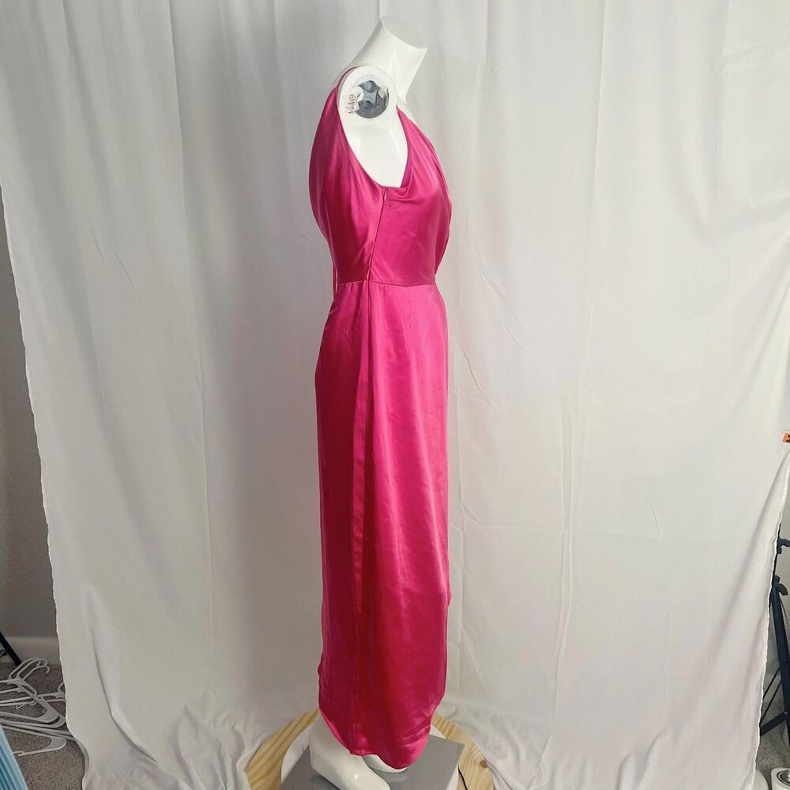 O.P.T. OnePrettyTime Formal One Shoulder Slit Barbie Pink Satin Gown Size M