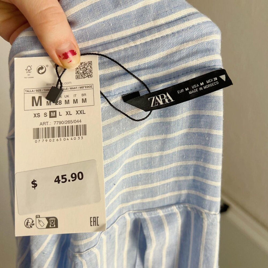 NWT Zara Linen Blend Blue White Striped Open Back Long Sleeve Button Up Size M