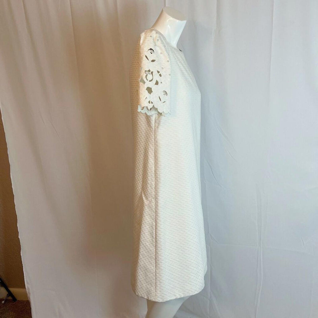 Vintage 1990s Mary McFadden Collection White Shift Dress Pearl Bridal Size 10