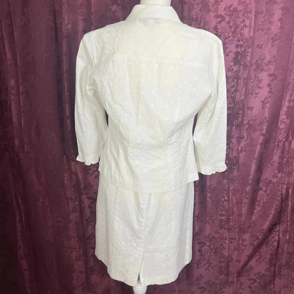 Dress Barn White Linen Dress Eyelet Floral Embroidery With Cardigan Size 6