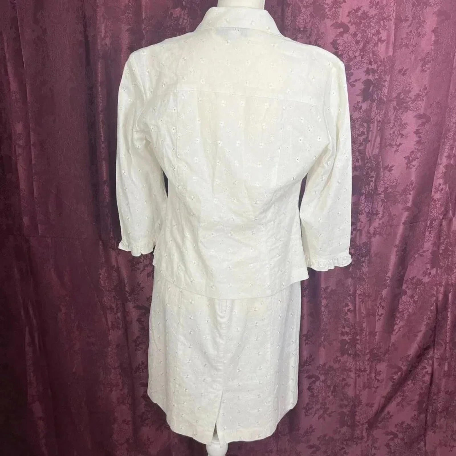 Dress Barn White Linen Dress Eyelet Floral Embroidery With Cardigan Size 6