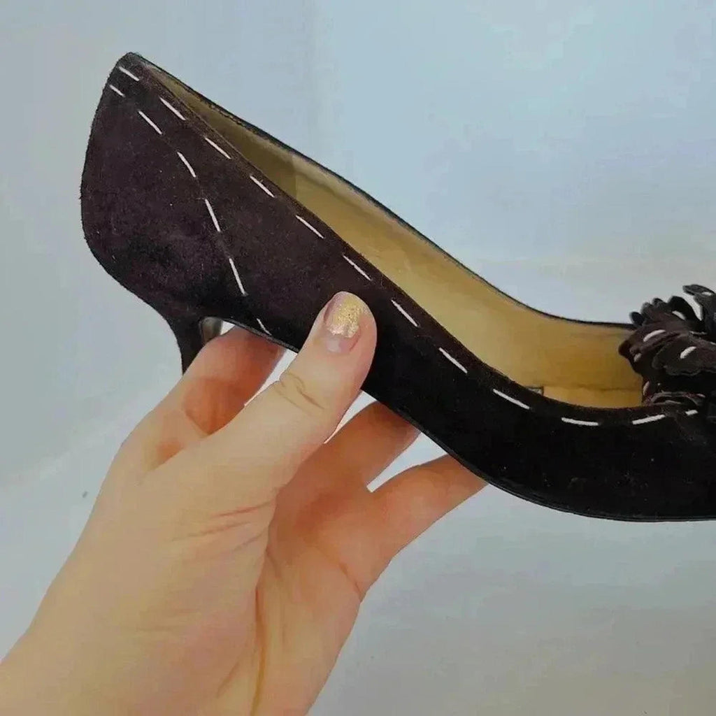 y2k Vintage Ramon Tenza Brown Suede Cream Pointed Toe Heels Flower Size 8.5