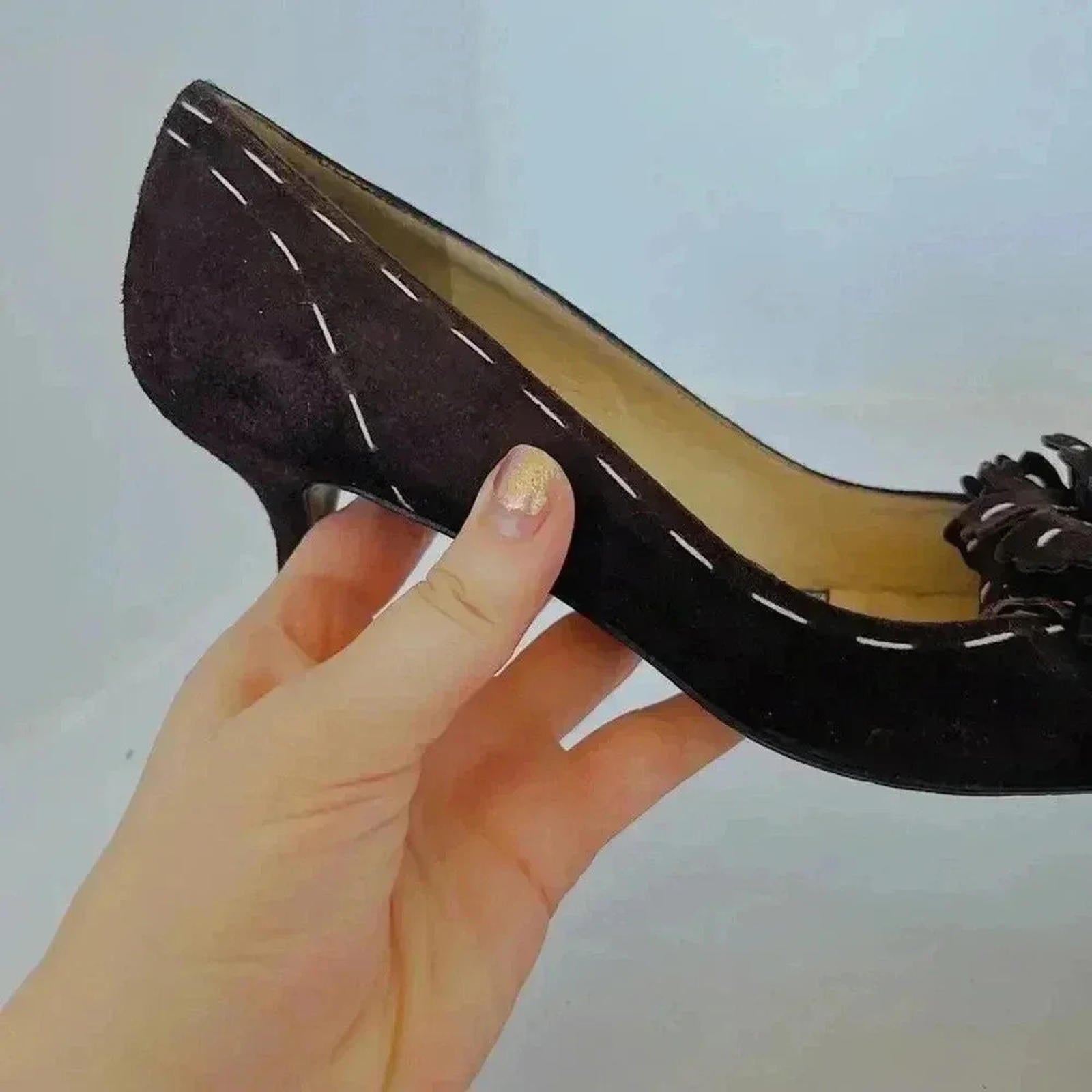 y2k Vintage Ramon Tenza Brown Suede Cream Pointed Toe Heels Flower Size 8.5