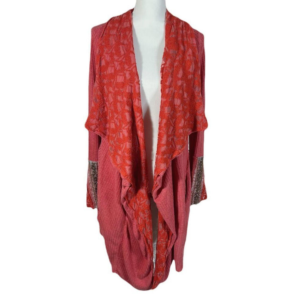 Aratta Silent Journey Waterfall Waffle Knit Open Cardigan Beading Boho Size M