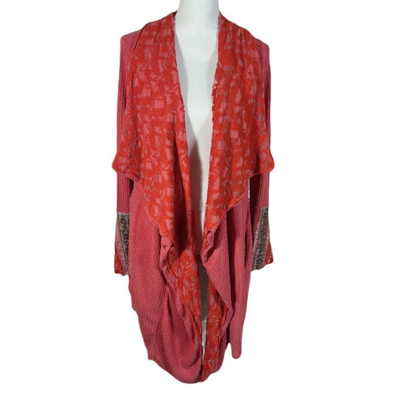 Aratta Silent Journey Waterfall Waffle Knit Open Cardigan Beading Boho Size M