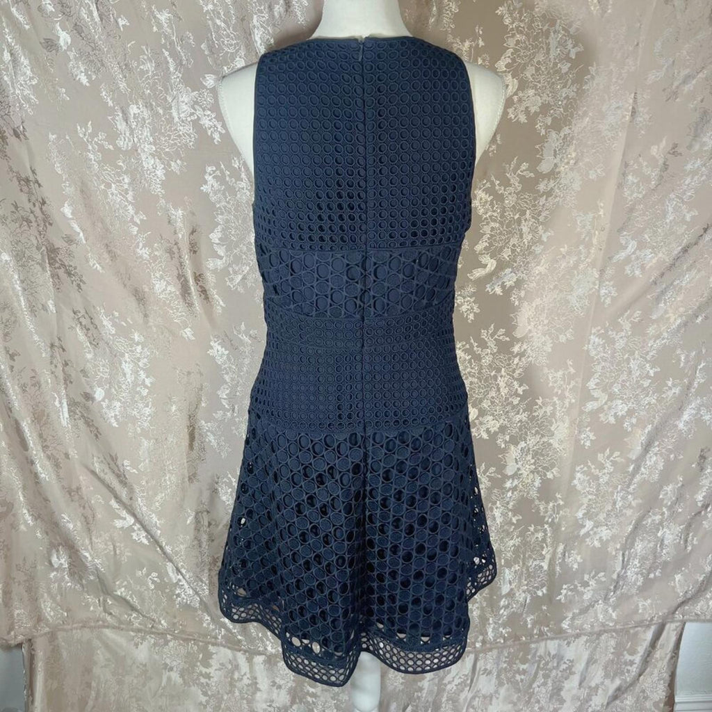 Ann Taylor Navy Blue Laser Cut Out Lace Overlay Formal A Line Dress Size 6