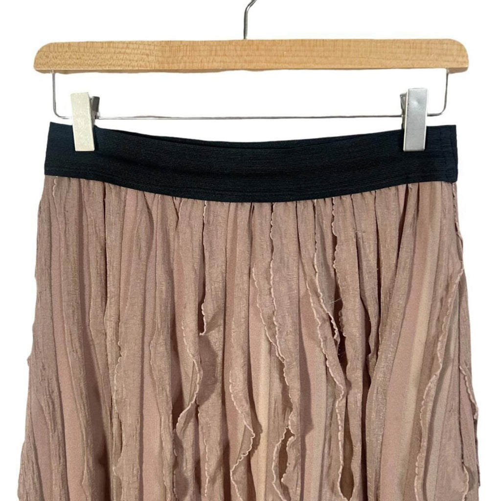 Vintage Tan Ruffle Maxi Skirt Wrinkled Pleated Skirt Women's Size M