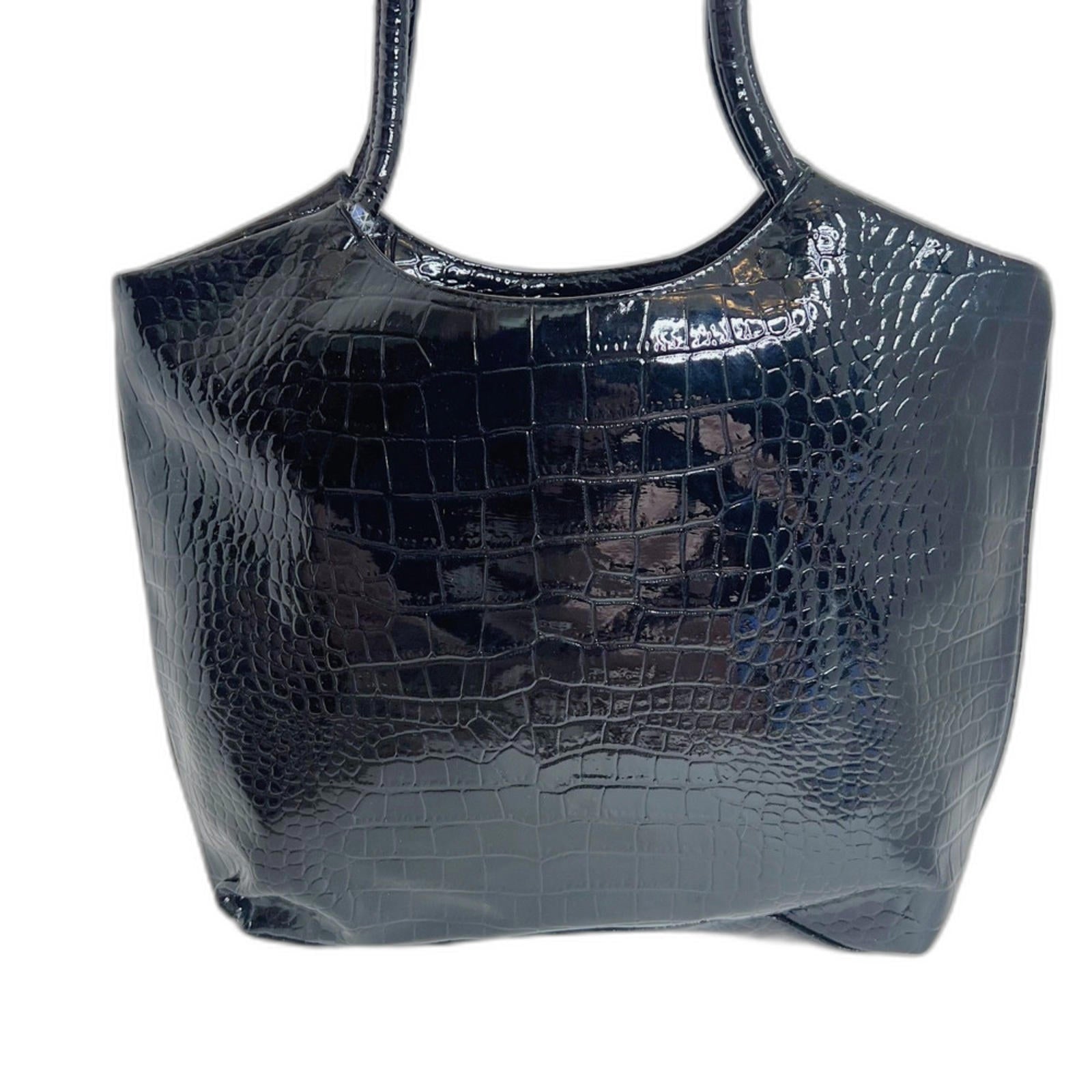 Neiman Marcus 90s Vintage Black Patent Leather Crocodile Shoulder Bag Purse