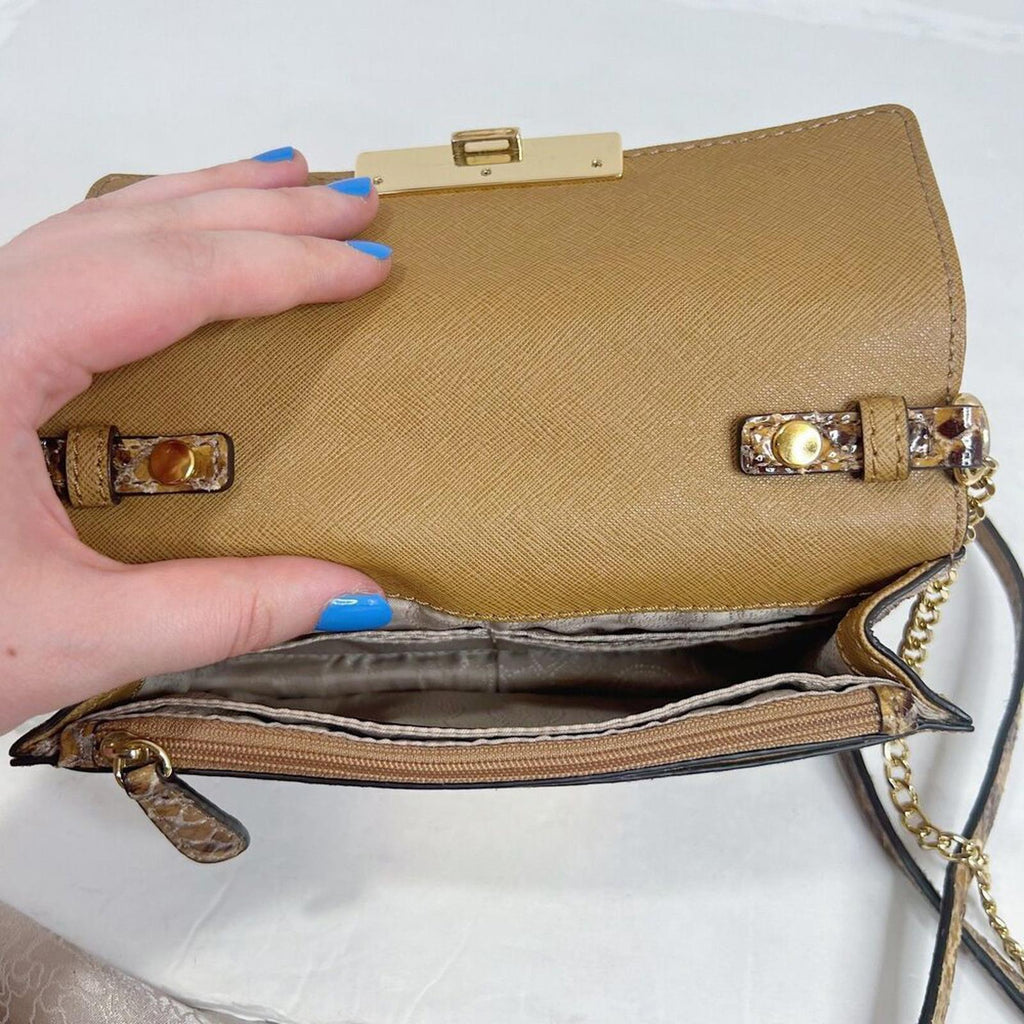 Michael Kors Snakeskin Brown Tan Snake Print Embossed Leather Crossbody Bag