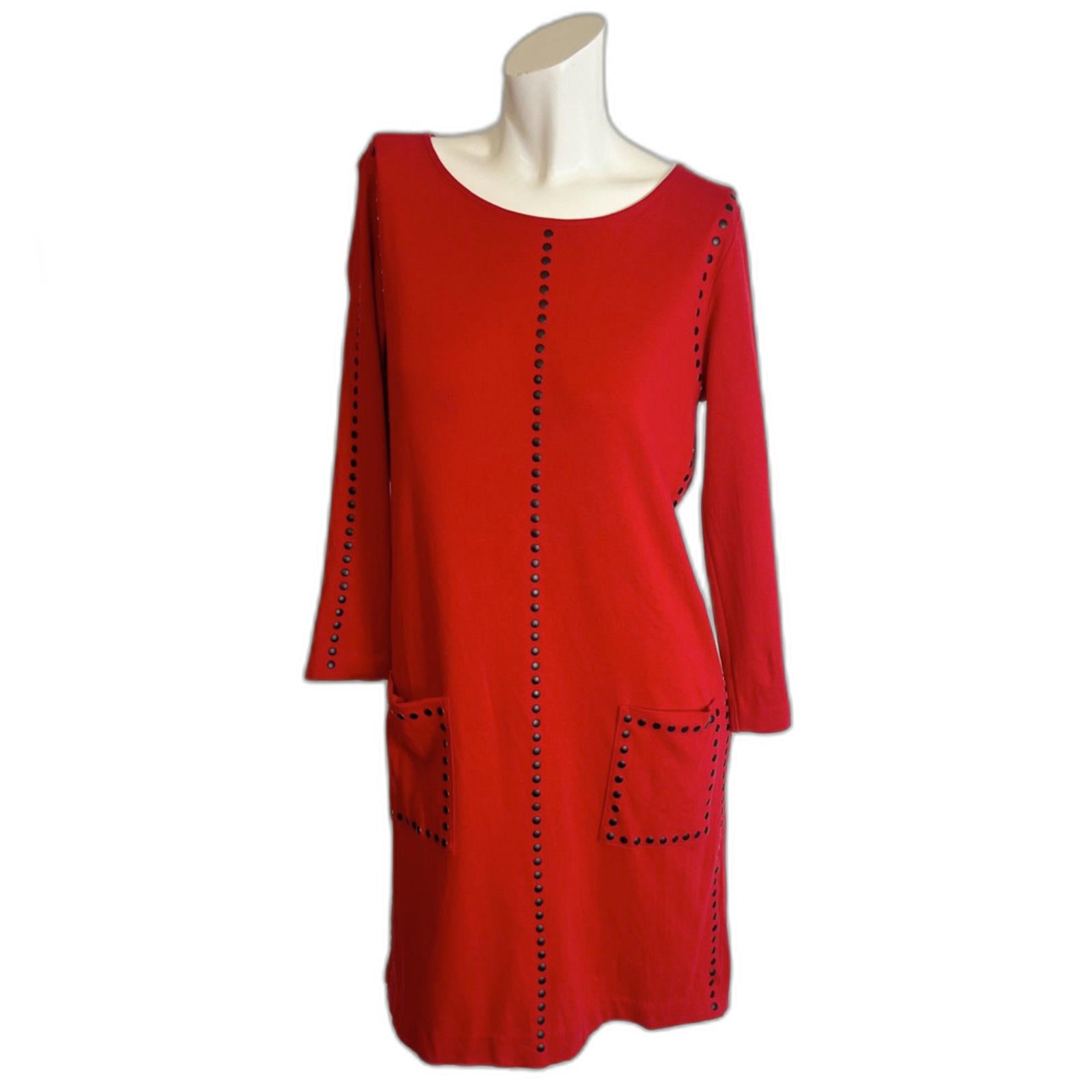 Joan Vass Red Long Sleeve Dress Black Dots Studs Women's Size 1 M