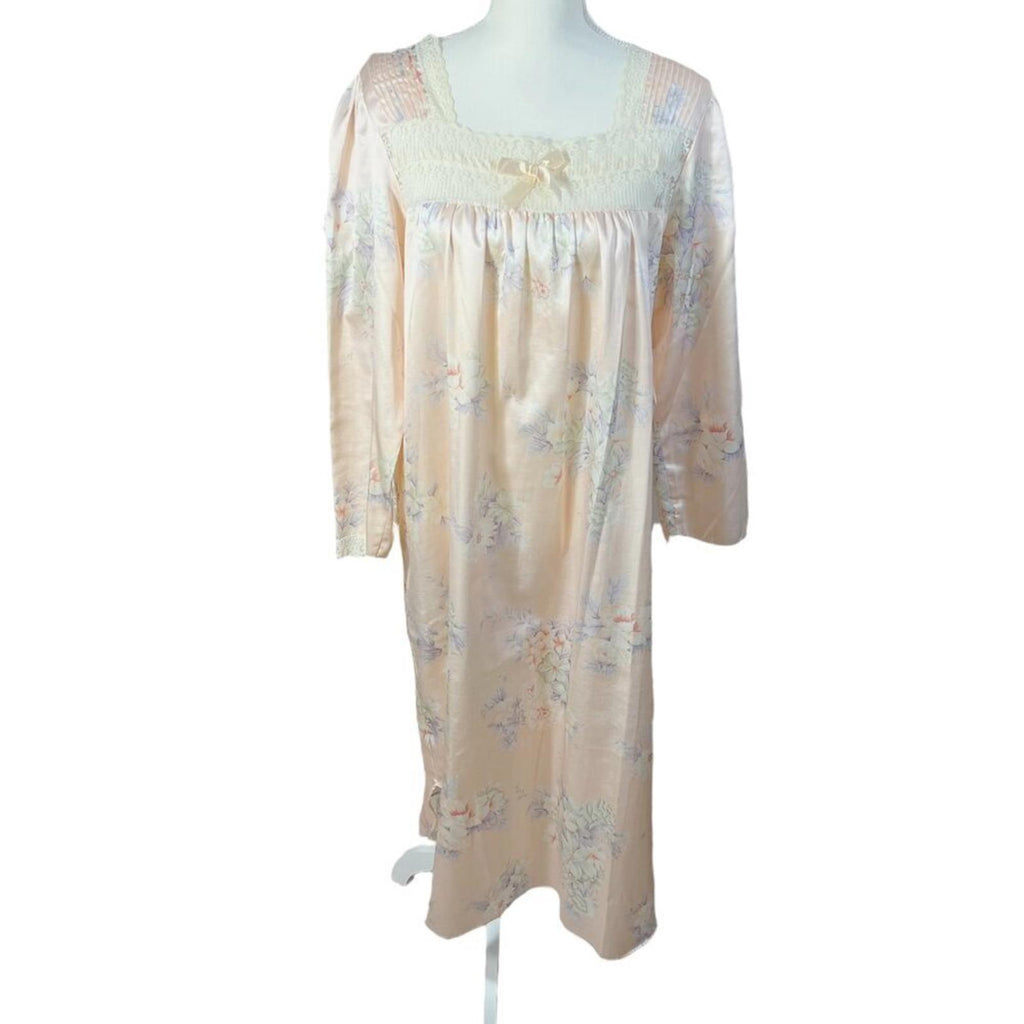 Vintage Barbizon Pink Satin Nightgown Lace Trim Bow Coquette 1980s Size M