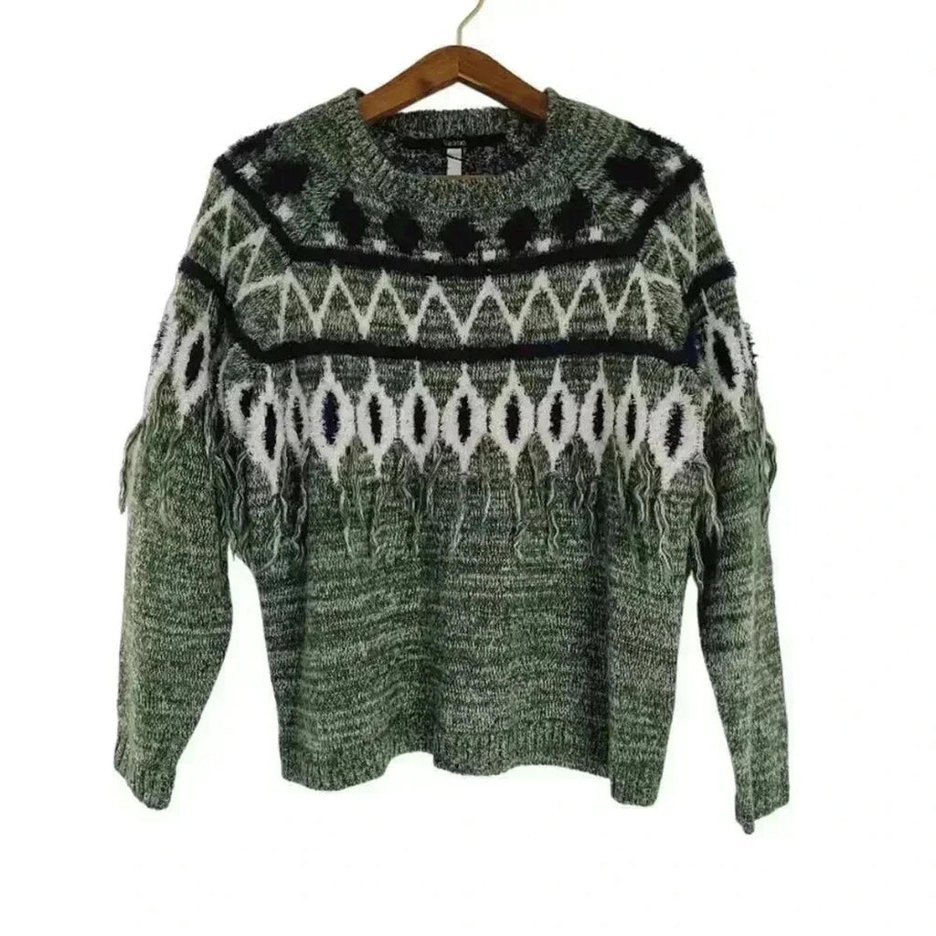 Kensie Green Sweater With Blue White Geometric Print Tassels Knit Size M