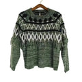 Kensie Green Sweater With Blue White Geometric Print Tassels Knit Size M