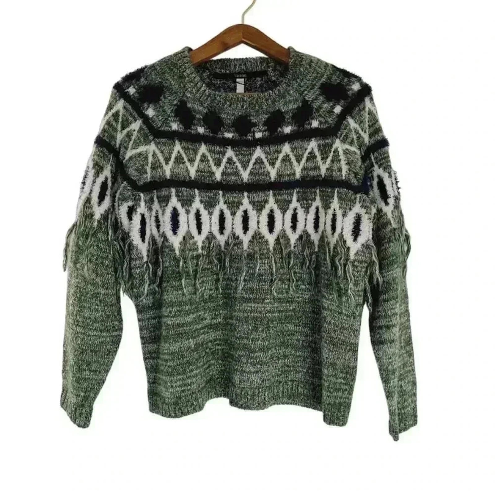 Kensie Green Sweater With Blue White Geometric Print Tassels Knit Size M