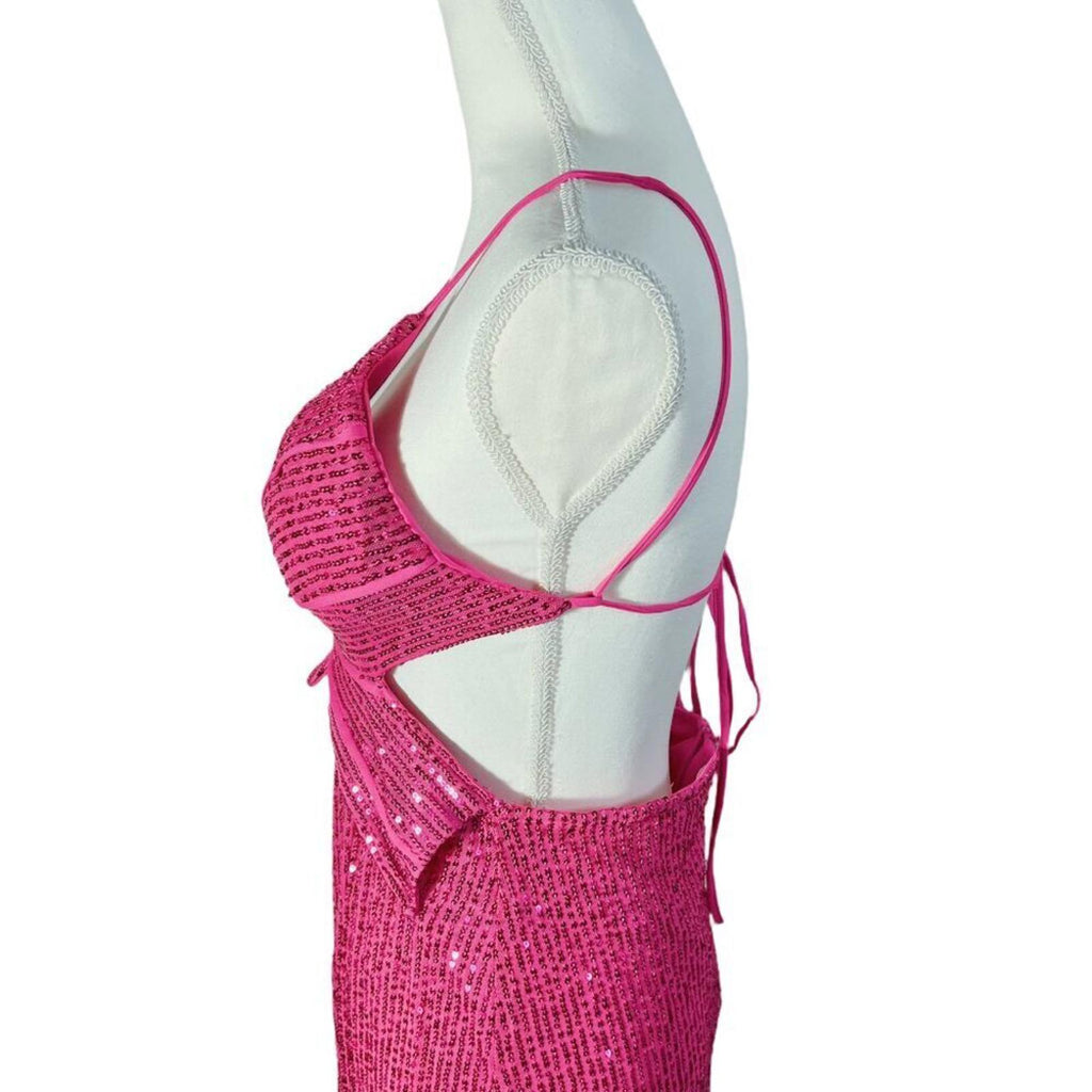 Love is For Eternity Hot Pink Sequined Butterfly Dress y2k Prom Formal Size L