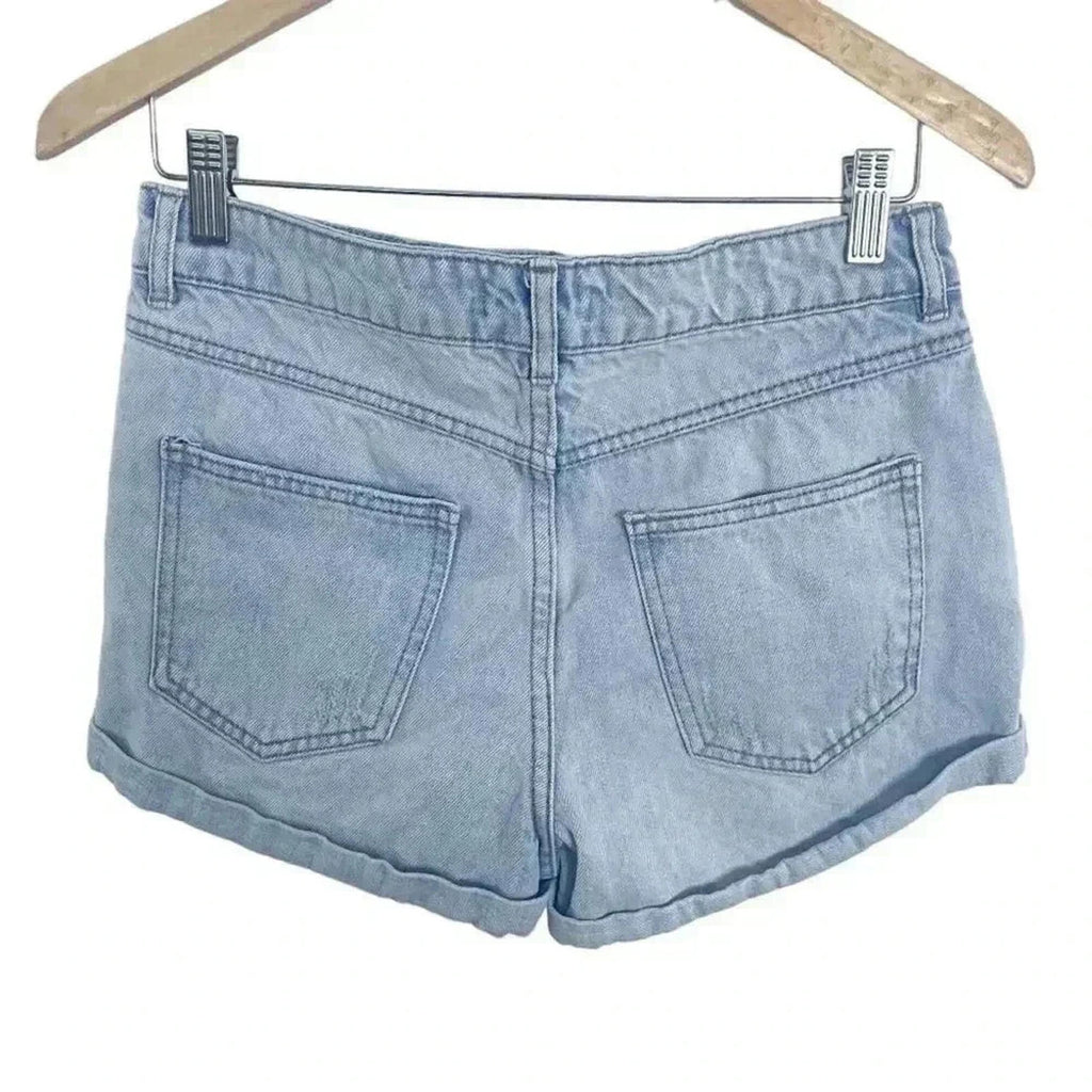 Forever 21 Distressed Light Wash Jean Shorts Rolled Hem Mid Rise Size 27