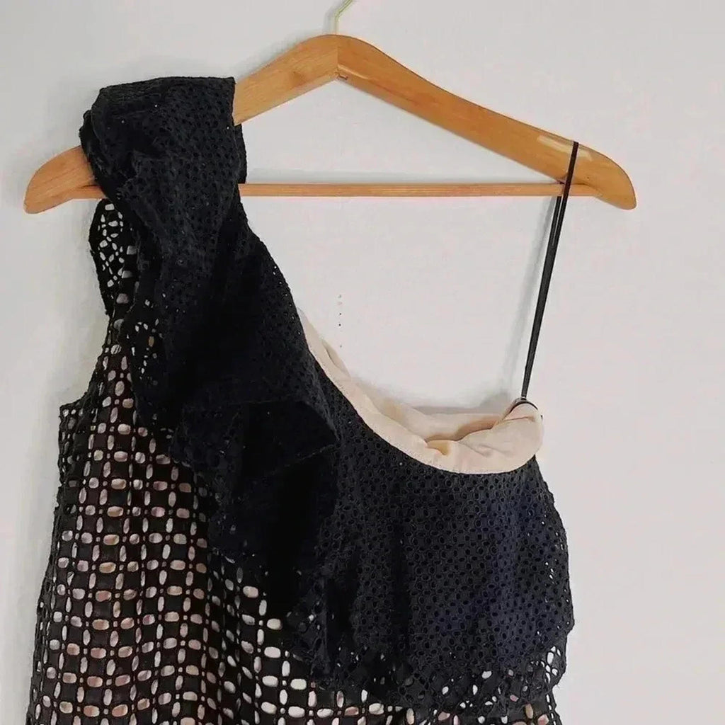 J Crew One Shoulder Black Eyelet Asymmetrical Blouse Lace Women's Size 8