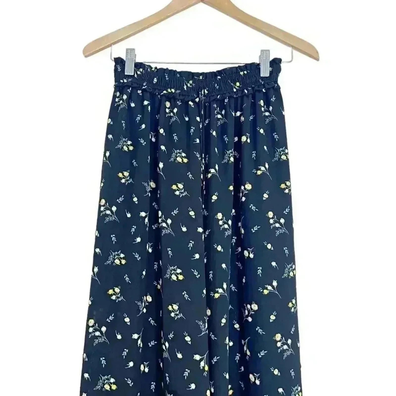 Aqua Black and Yellow Chiffon Flowy Pants Floral  Summer Boho Chic Size S