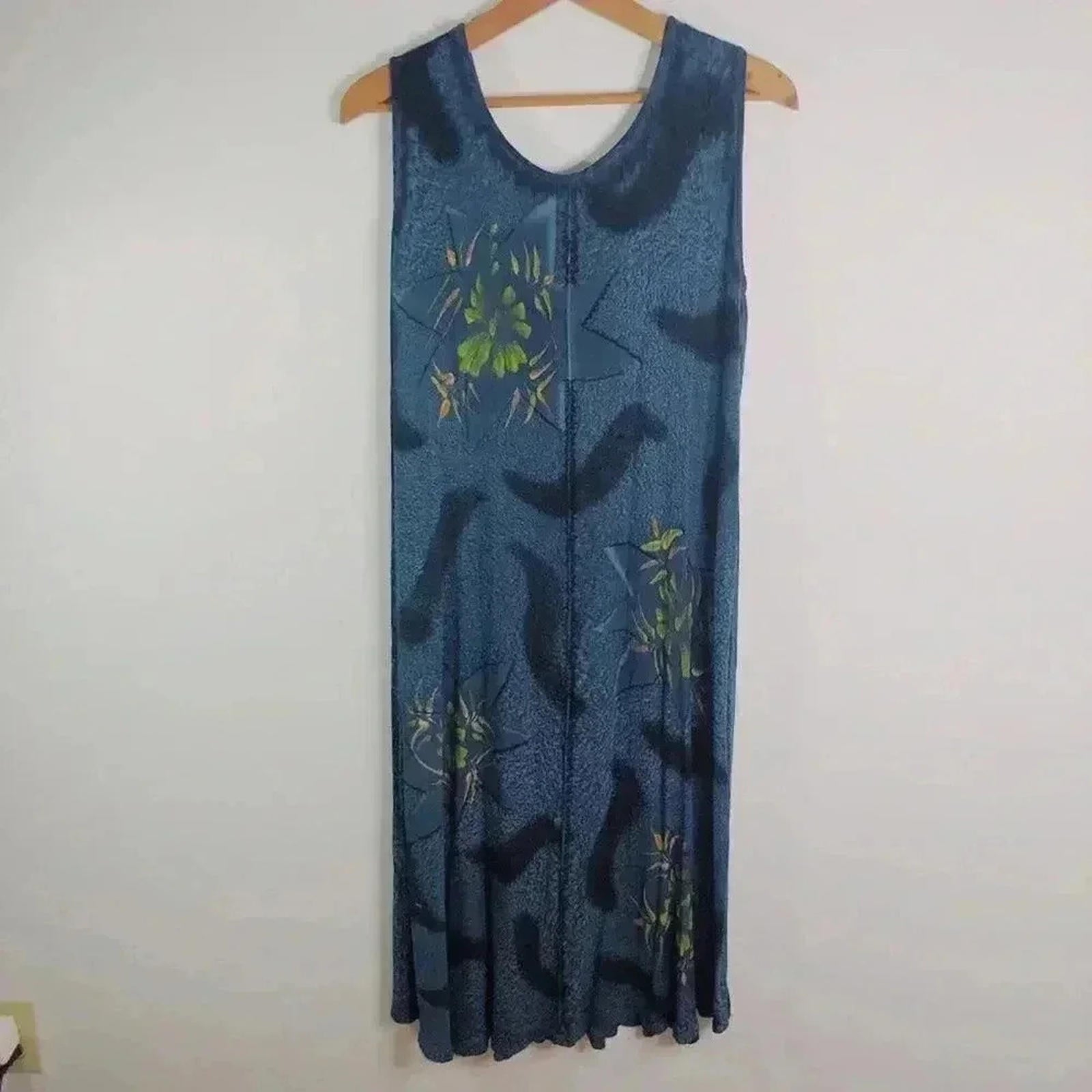 Vintage Tropical Batik Blue Green Midi Dress Beach Summer Vacation Cruise