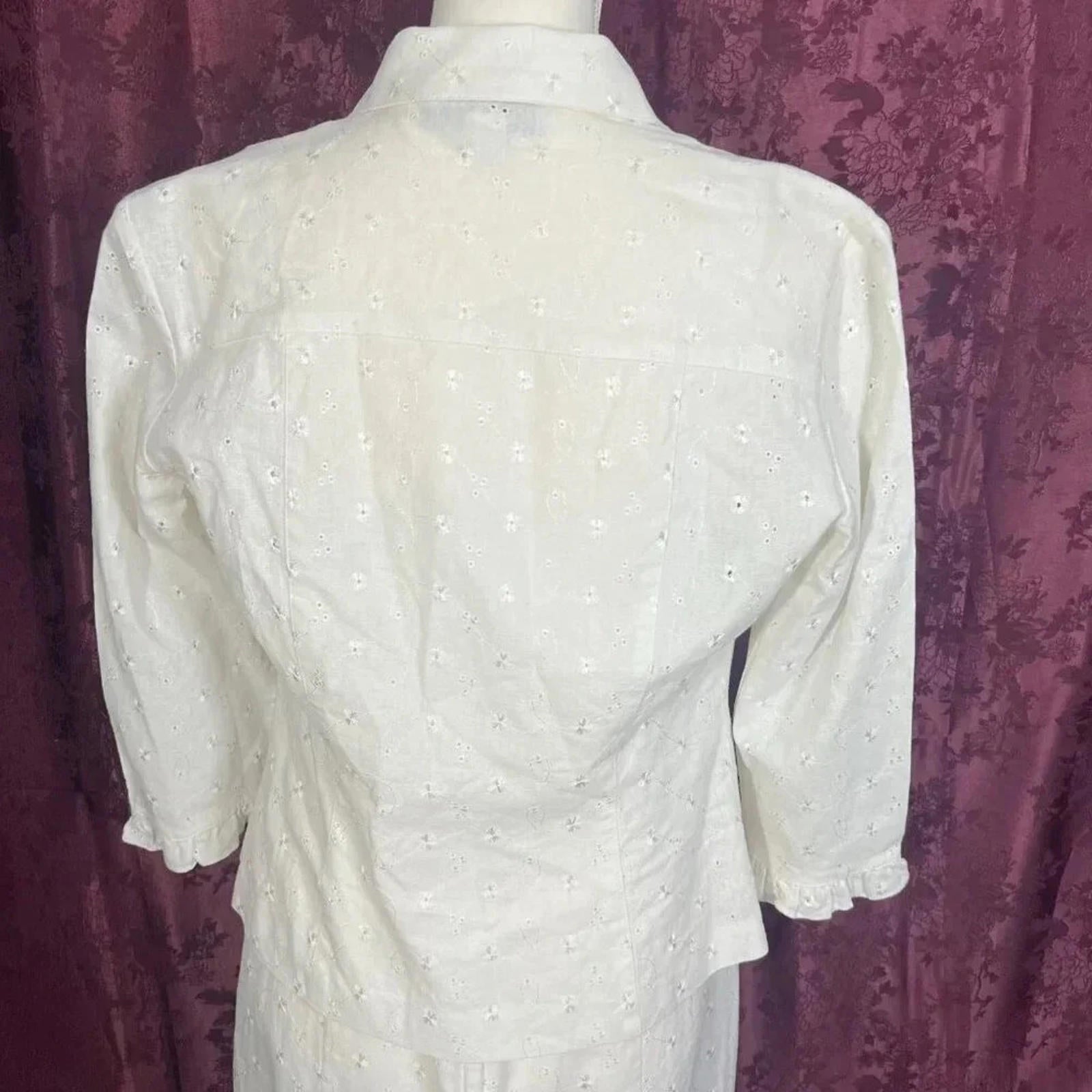 Dress Barn White Linen Dress Eyelet Floral Embroidery With Cardigan Size 6