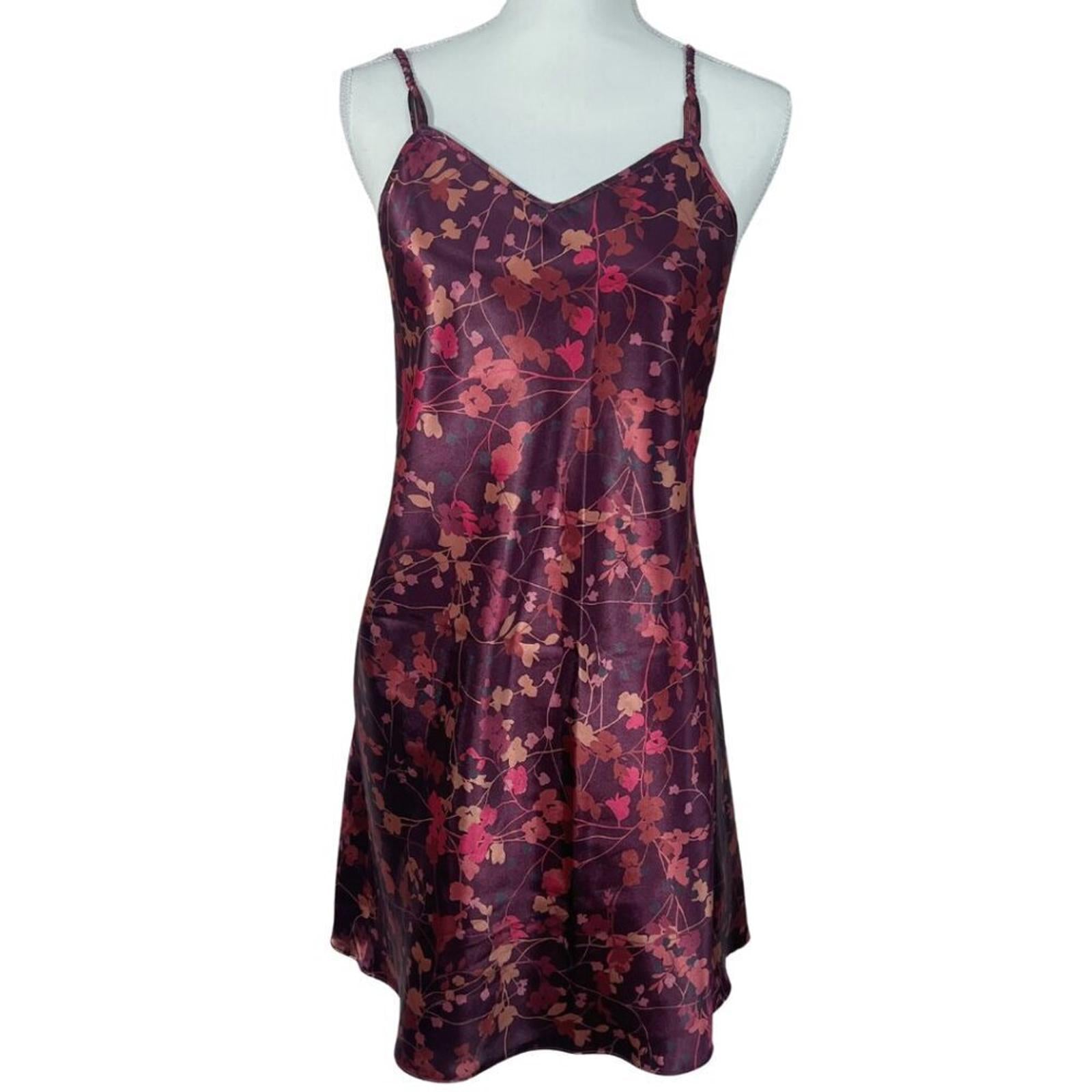 y2k Vintage Warner's Sleepwear Satin Plum Burgundy  Floral Slip Dress Size M